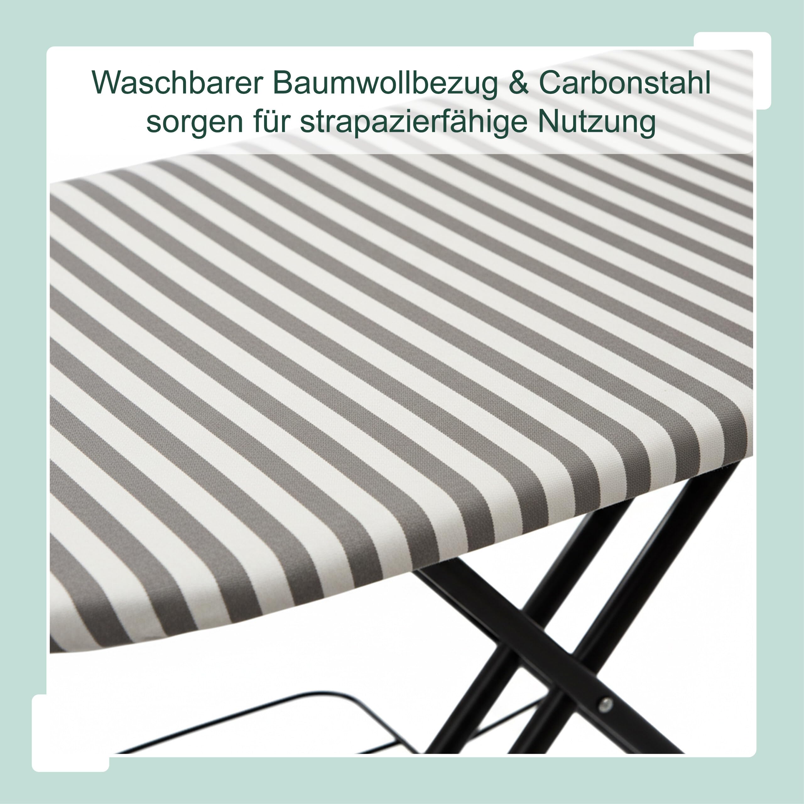 Relaxdays Bügelbrett für Dampfbügeleisen, 110x33 cm, höhenverstellbar, klappbar, Ablage, Bügeltisch gestreift, grau-weiß