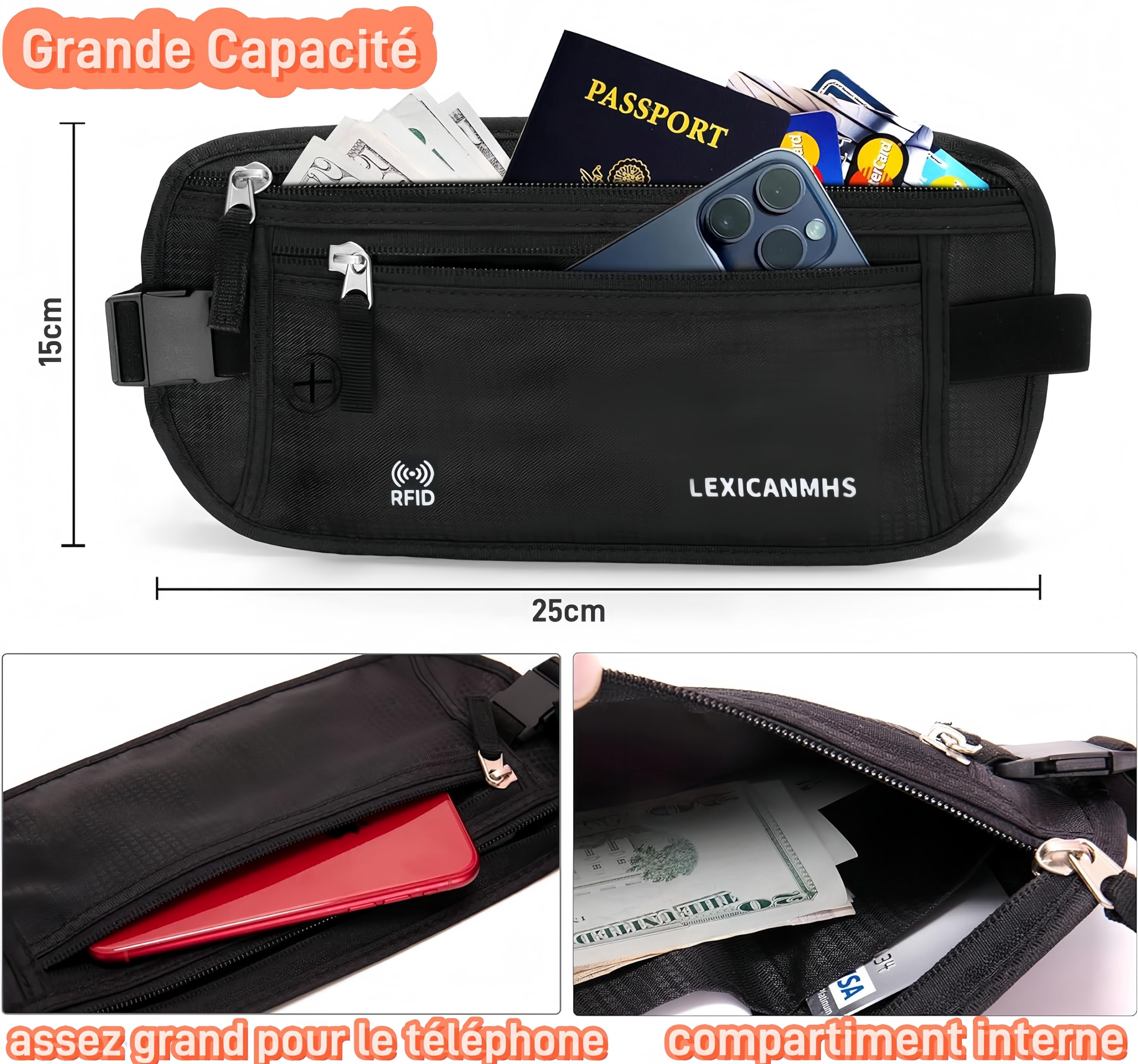 Płaska saszetka antykradzieżowa, Czarny (Black), Talla única para todos, pasek na pieniądze