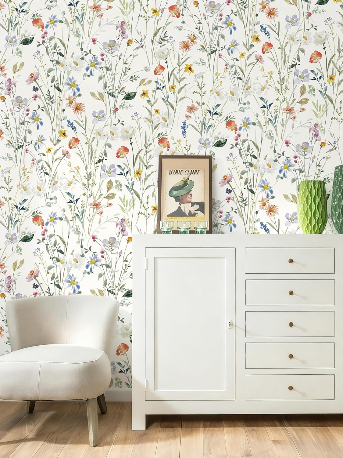 EchoSphere 16.9''x118'' Boho Floral Peel and Stick Wallpaper Self Adhesive Watercolor Flower Wallpaper Floral and Leaf Contact Paper Modern DIY Removable Wall Paper for Bedroom Cabinets Drawers Decor