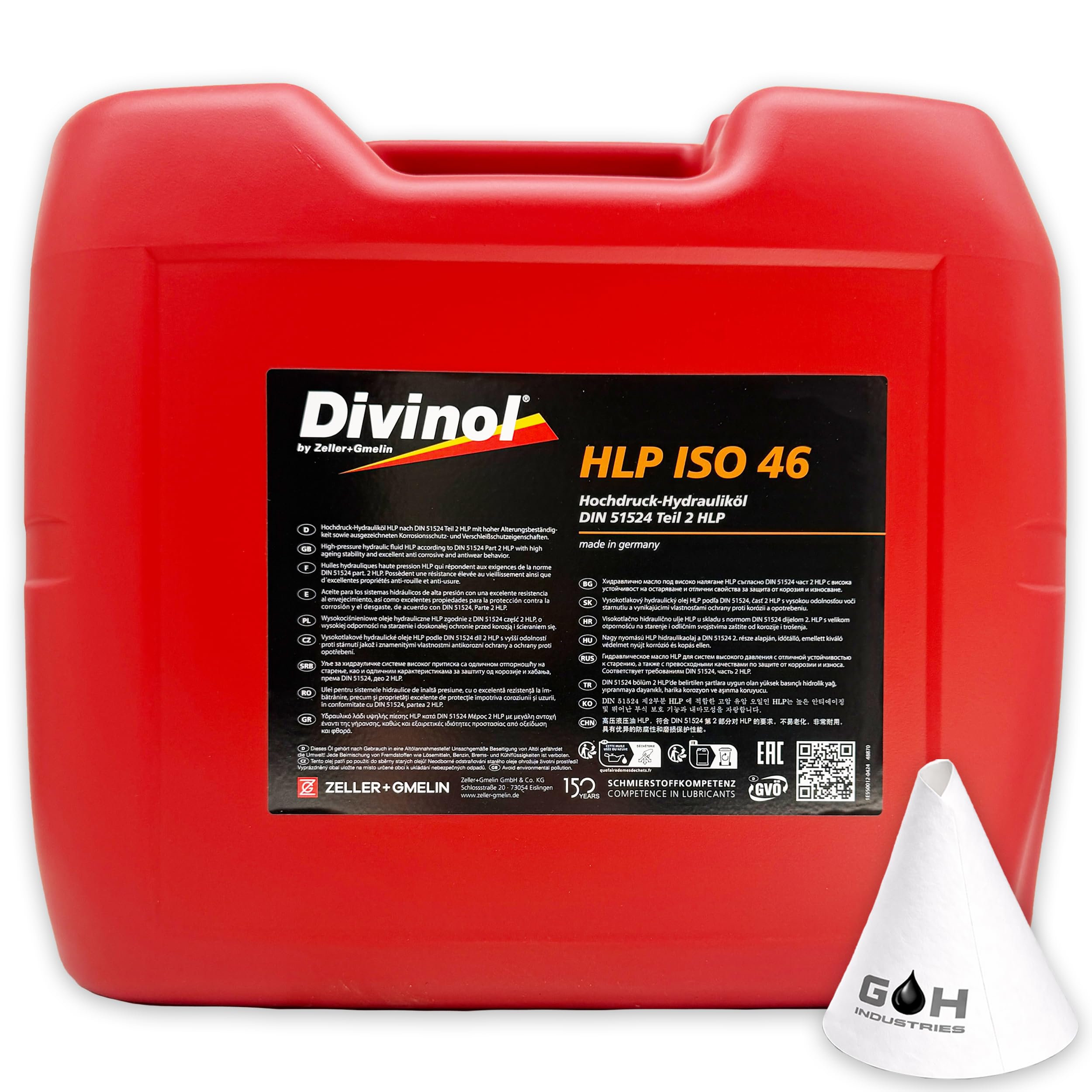 Divinol HLP 46 | 20 L | Hydrauliköl – DIN 51524-2 HLP | ISO VG 46 | (48870) | Hochdruck Hydrauliköl für Hydraulikanlagen Maschinen Industrie – Verschleißschutz Öl | mit Trichter