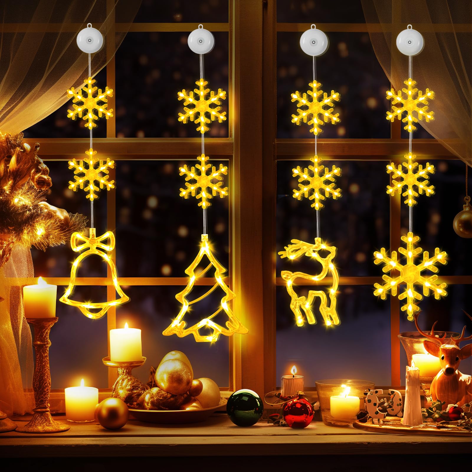 Edonkvi Luces Navidad Ventana 4PCS, LED Estrellas Luces Interior Exterior, Cortina Luz Guirnaldas Decoracion con Temporizador y Ventosa, Decorar Adornos Navideños Luminosos Alimentado por Batería