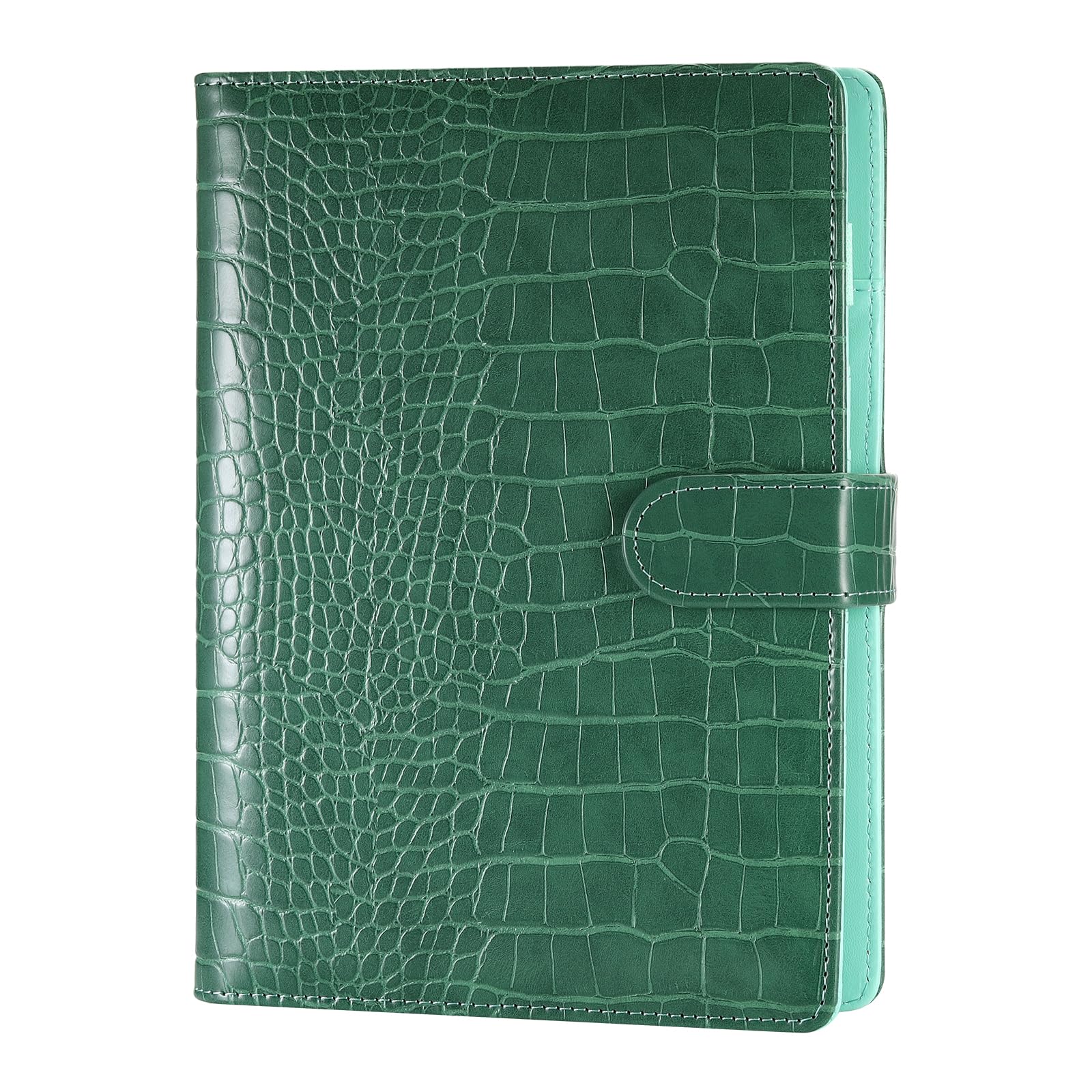 JIANTA A5 Faux Crocodile Leather Ring Binder, Refillable 6 Ring Binder Cover for A5 Filler Paper, Budget Binder Notebook Binder Pockets for Travel, Work (Green, Inner Paper Not Included)