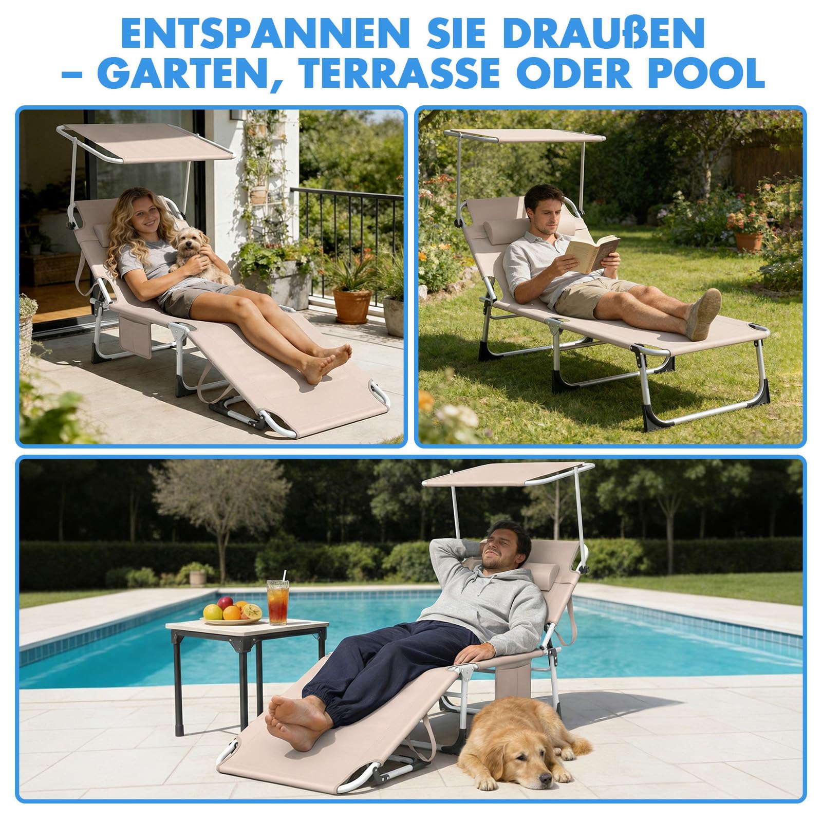 Huracan Klappbare Sonnenliege mit Dach, Breiterer Gartenliege mit 4-Fach Verstellbarer Rückenlehne, tragbare Outdoor-Liege mit Kopfkissen, wetterfeste Strandliege bis 100kg belastbar, Khaki