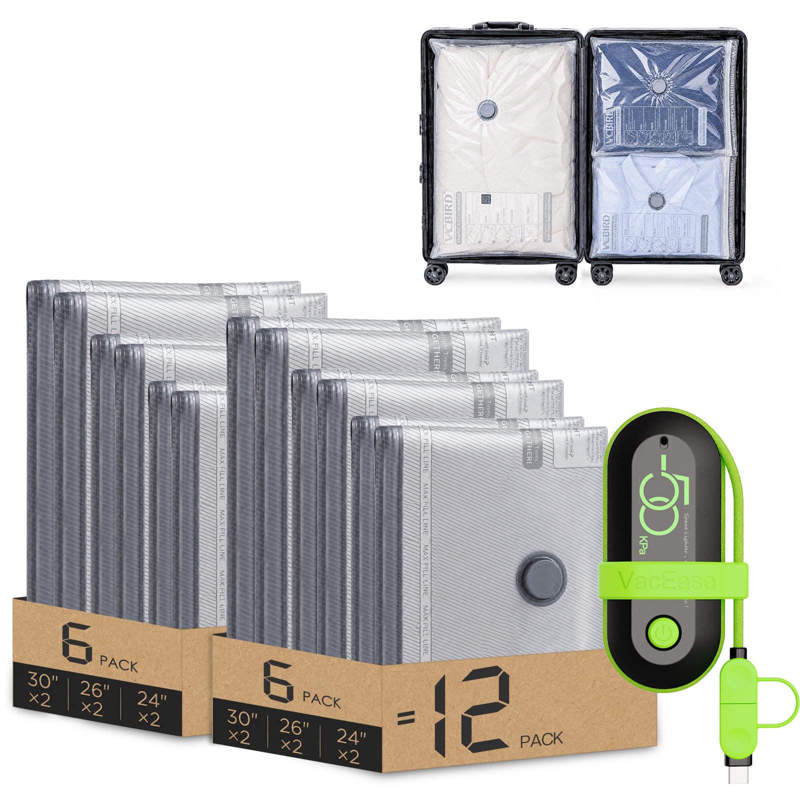 Vacbird 12 Stück Vakuumbeutel für Reisen mit USB-Pumpe, Kompressions-Reise-Vakuumbeutel