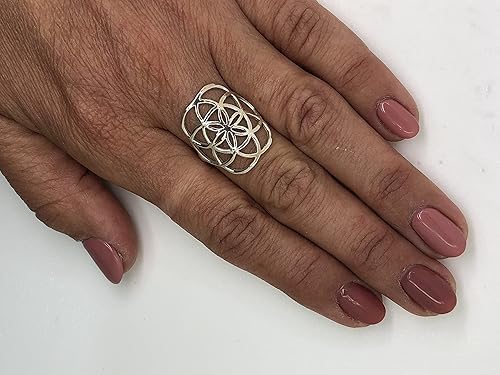 Miniatura 3 de Anillo clásico de plata de ley 925 geometría sagrada flor de la vida joyería de yoga