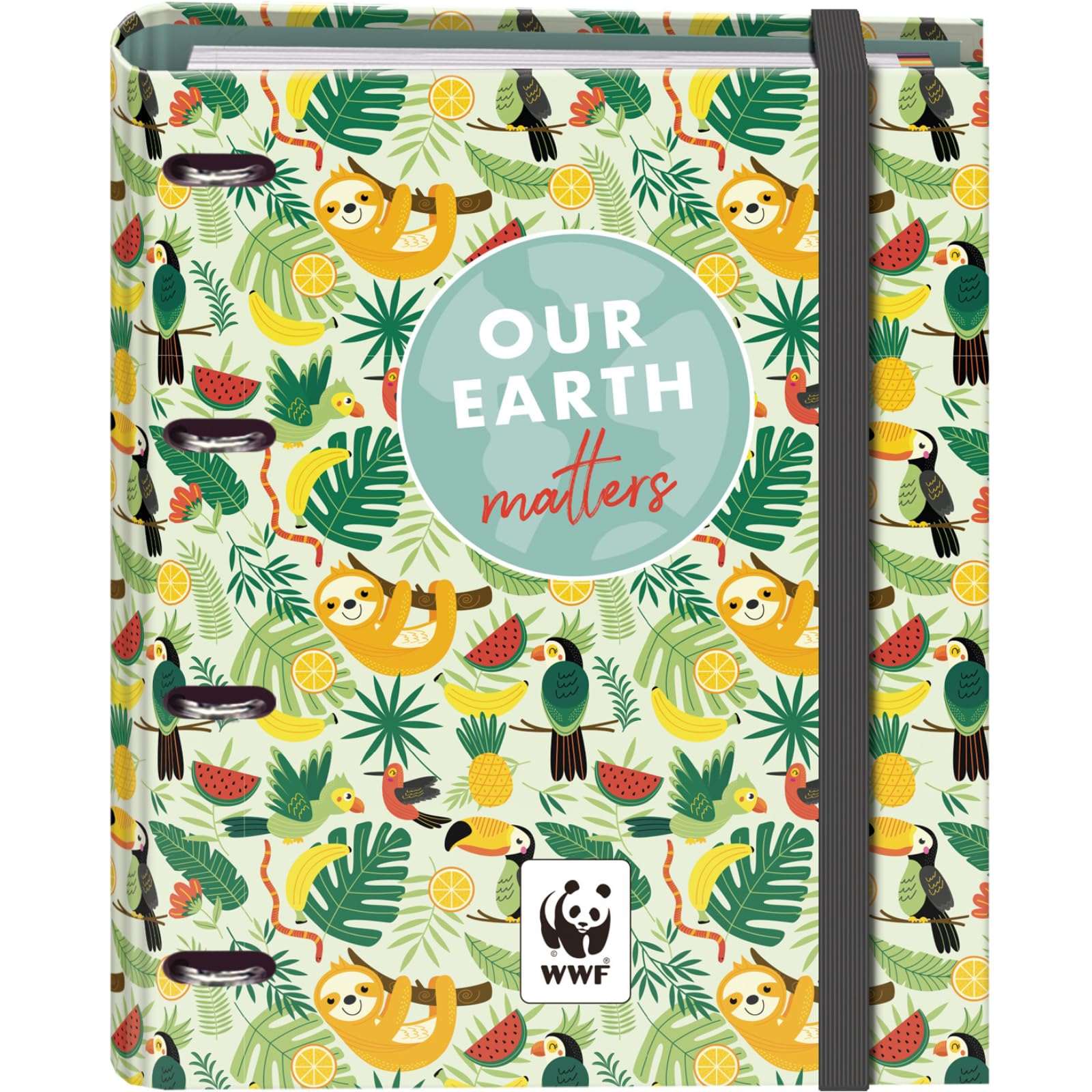 Dohe - Binder with Refill - 4-Ring Folder, A4 (28x32 cm), 100 Sheets 5x5 mm Grid Paper, 4 Colour Dividers, Extra Storage Pocket and Elastic Closure - WWF Tropic