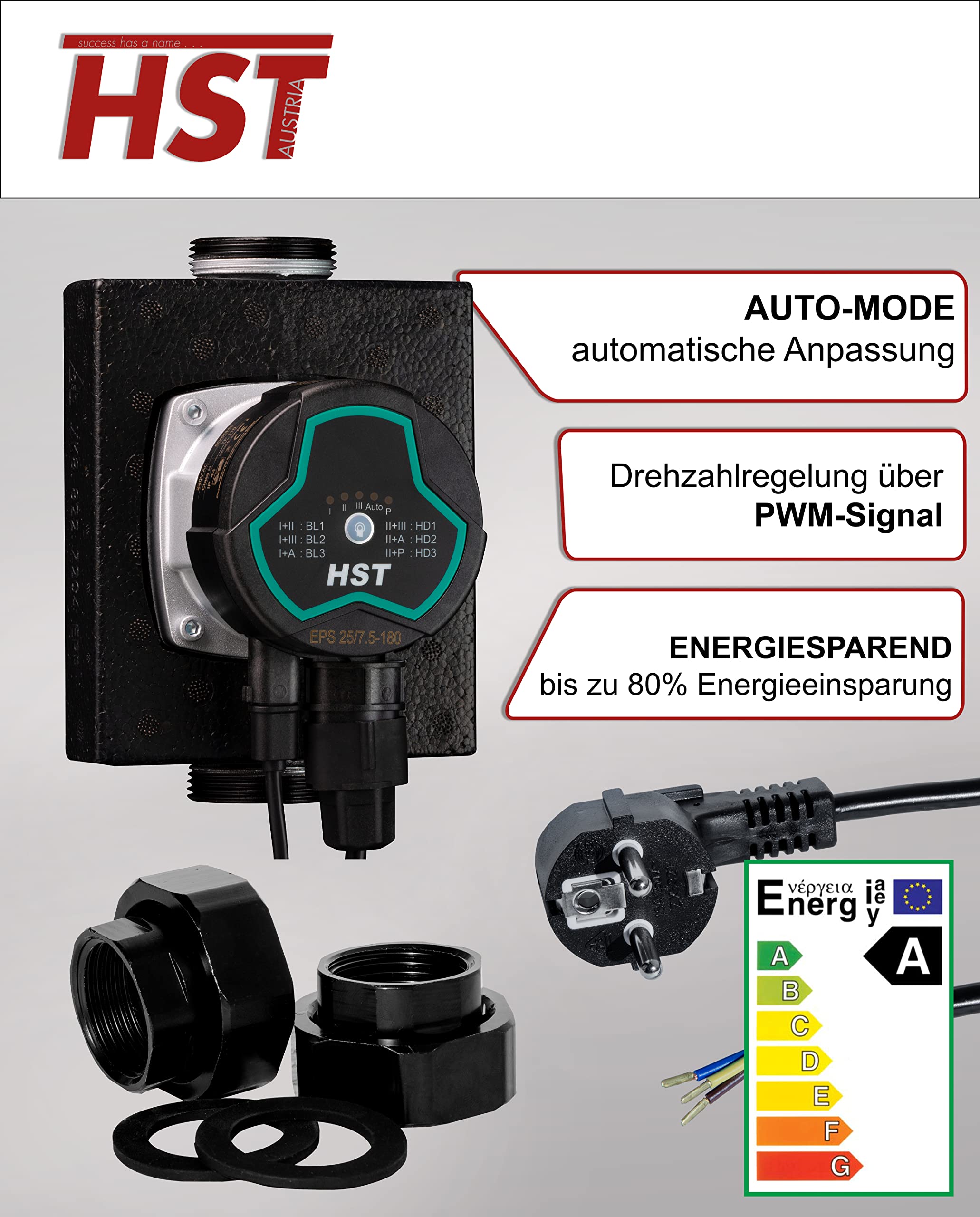 HST - Austria Bomba de calefacción HST de alta eficiencia bomba de circulación HST EPS 25-7,5/180 mm altura de extracción de 7,5 metros regulación de velocidad mediante señal PWM