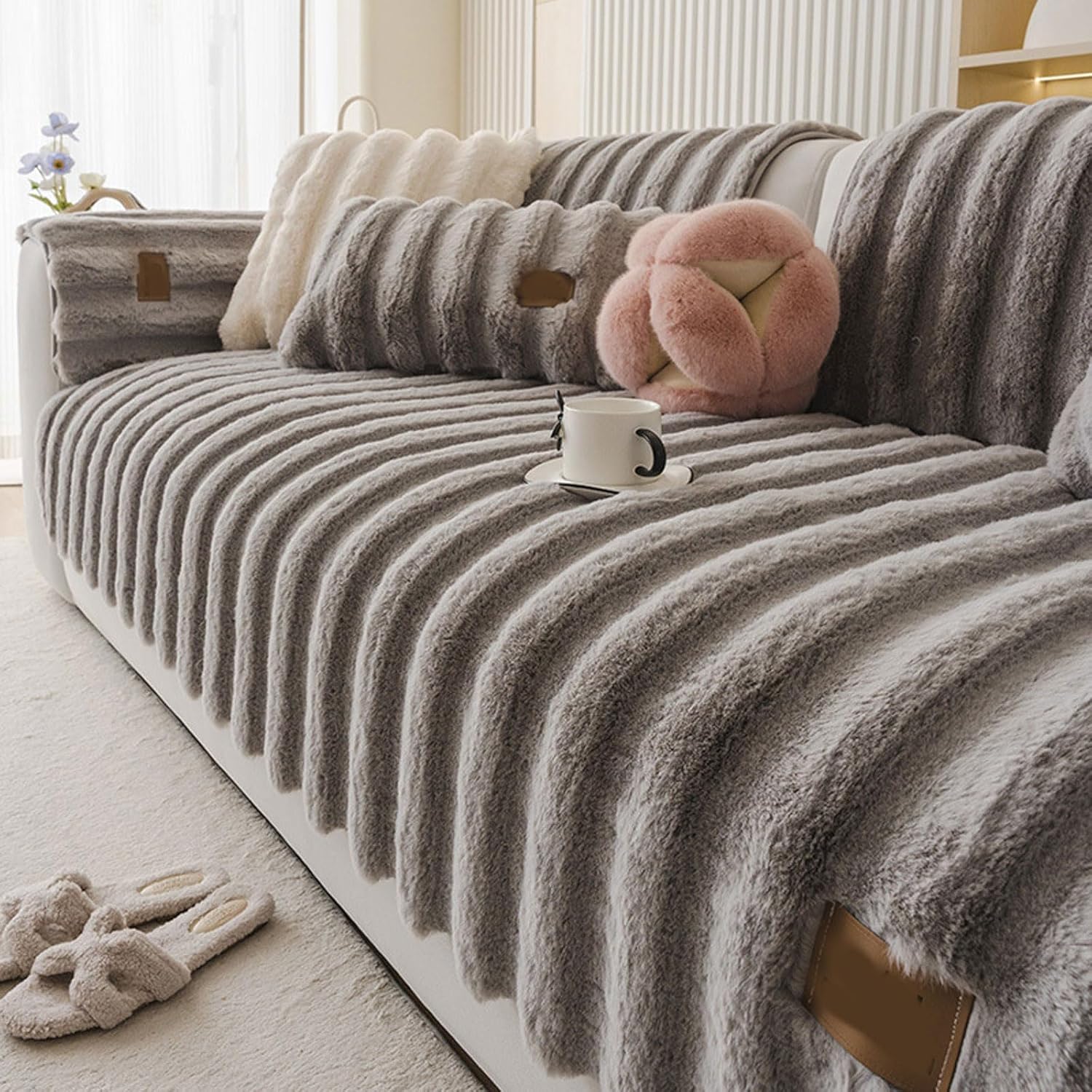 Fuzzy Rabbit Plush Sofa Cover Shaggy Sectional Couch, Stripe Non-Slip Soft Slipcover 1 2 3 4 Seater Furniture Protector for Dogs Pets(Grey,110 * 240cm)