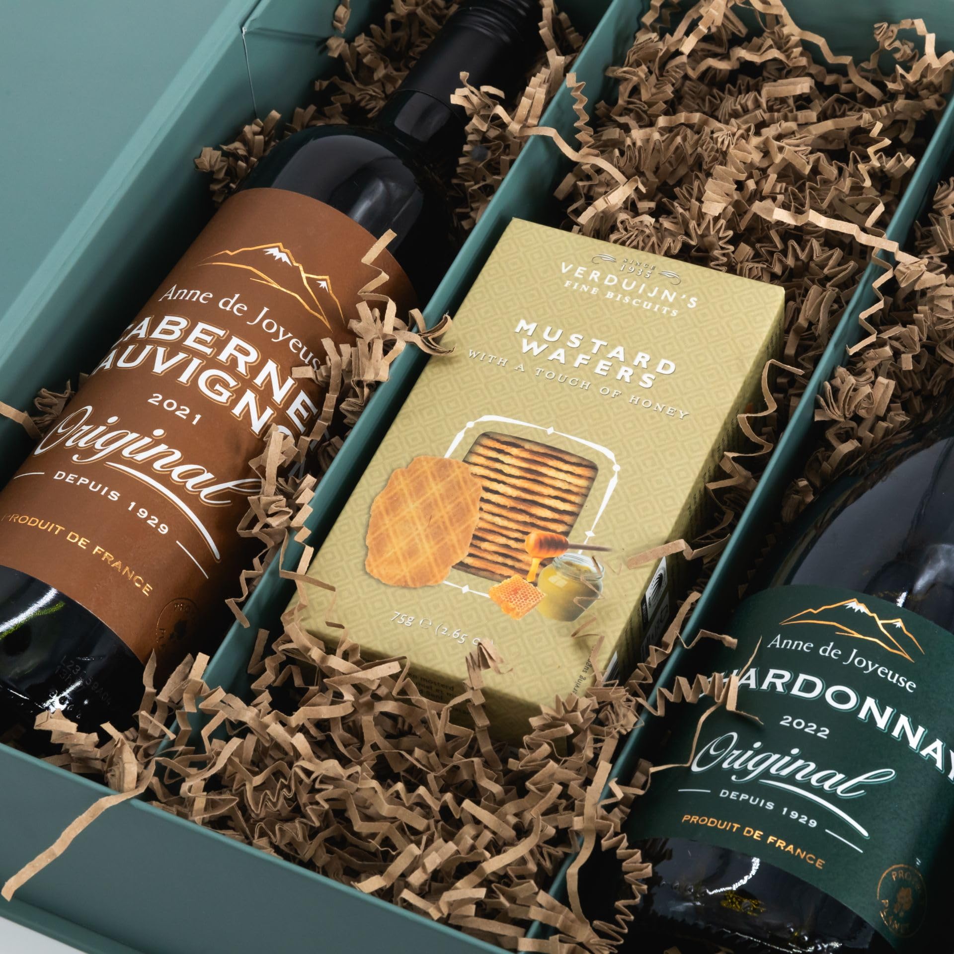 Weinbox Frankreich mit Bio Honig Senf Cracker - Premium Geschenkset mit Cabernet Sauvignon & Chardonnay von Anne de Joyeuse, Perfekt für Weinliebhaber und besondere Anlässe