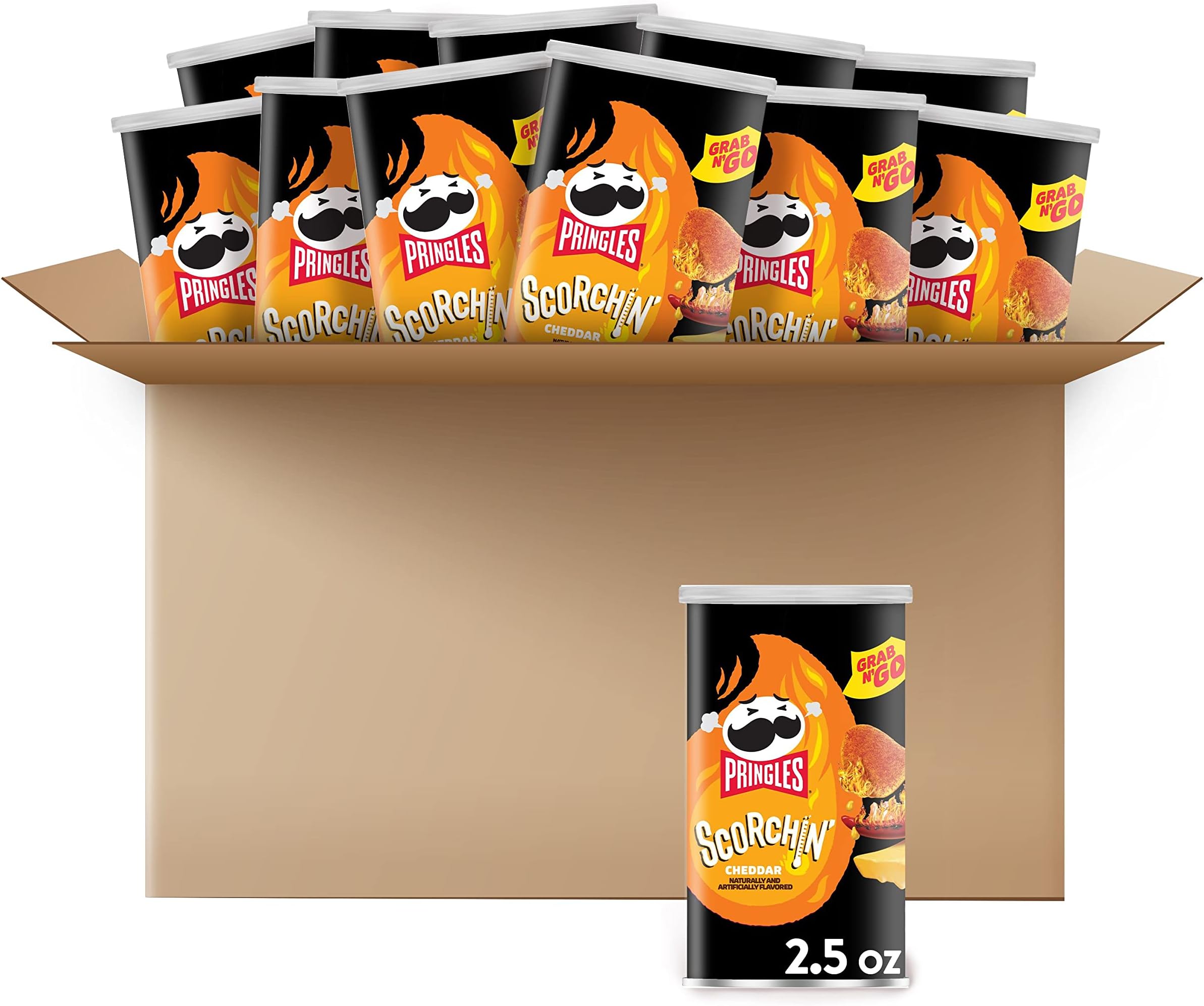 Pringles Scorchin', Potato Crisps Chips, Cheddar, Fiery Spicy Snacks, 2.5 oz Cans (12 Count)