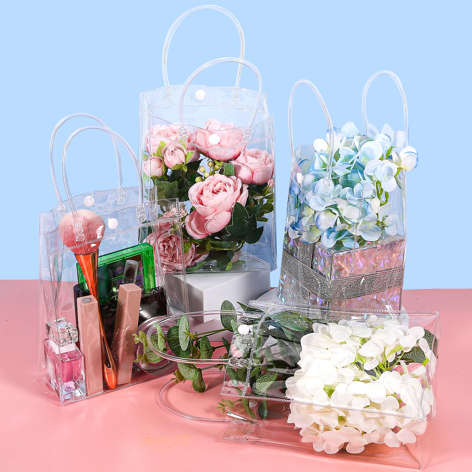UNICRAFTALE 15 Sacchetti Regalo In Plastica Trasparente Rosa 26 Cm - Con Manici Forati E Nastro Champagne, Riutilizzabili Per Matrimoni E Compleanni - 2