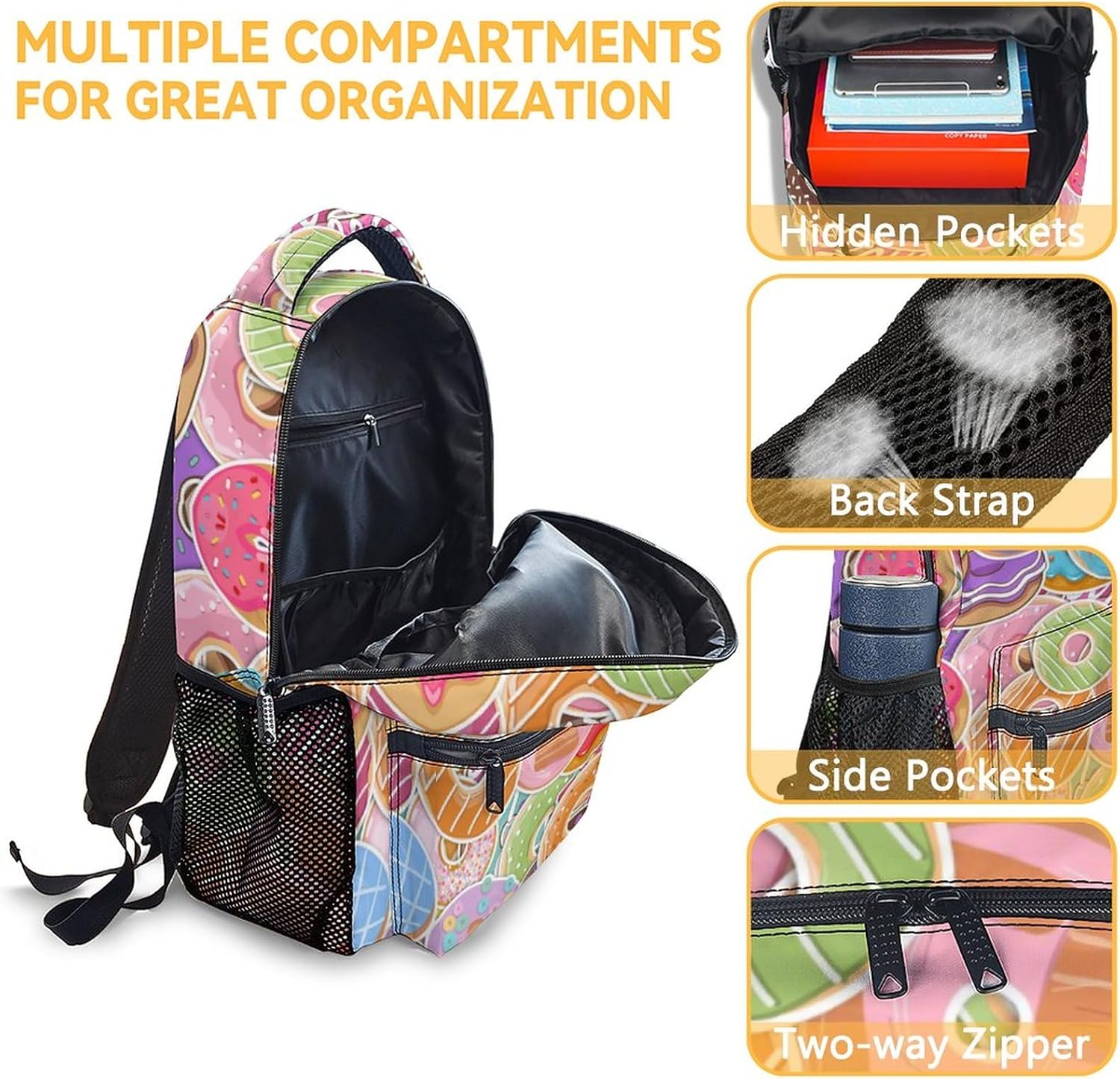 Donut Backpacks for Girls, Boys - 16 Inch Cute Backpack for School - Colorful, Large Capacity, Durable, Lightweight Bookbag for Kids Travel