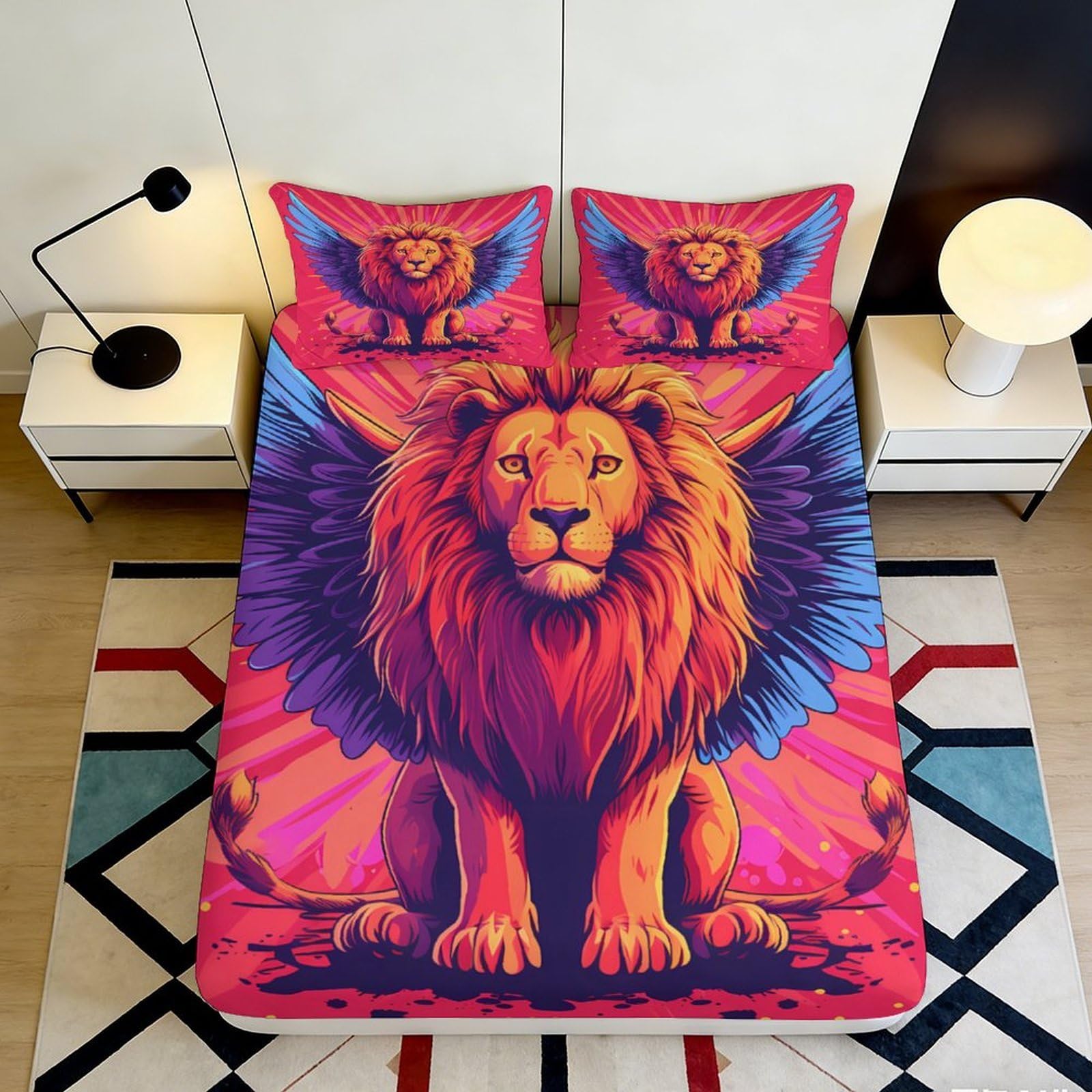 3D Printed Majestic Lion Fitted Sheet Microfiber Soft Winged Lion Bed Cover for Bedroom Dorm Mattress Protection Decor 90x200x25cm