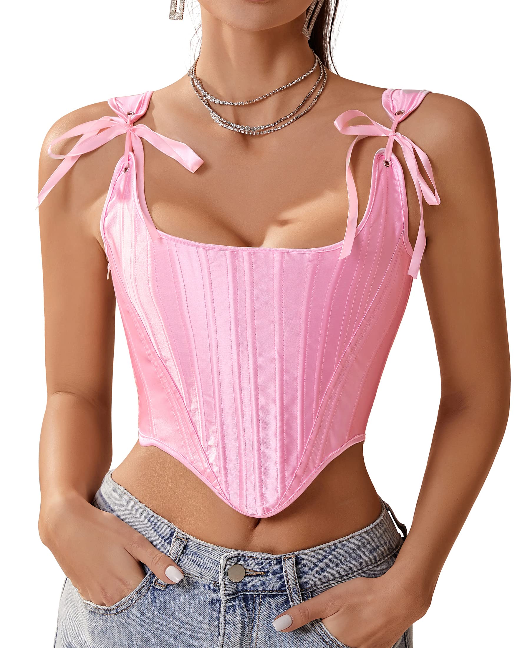 Dreay Womens Vintage Asymmetrical Hem Overbust Corset Tie Front Lace-up Back Bustier Shapewear Top