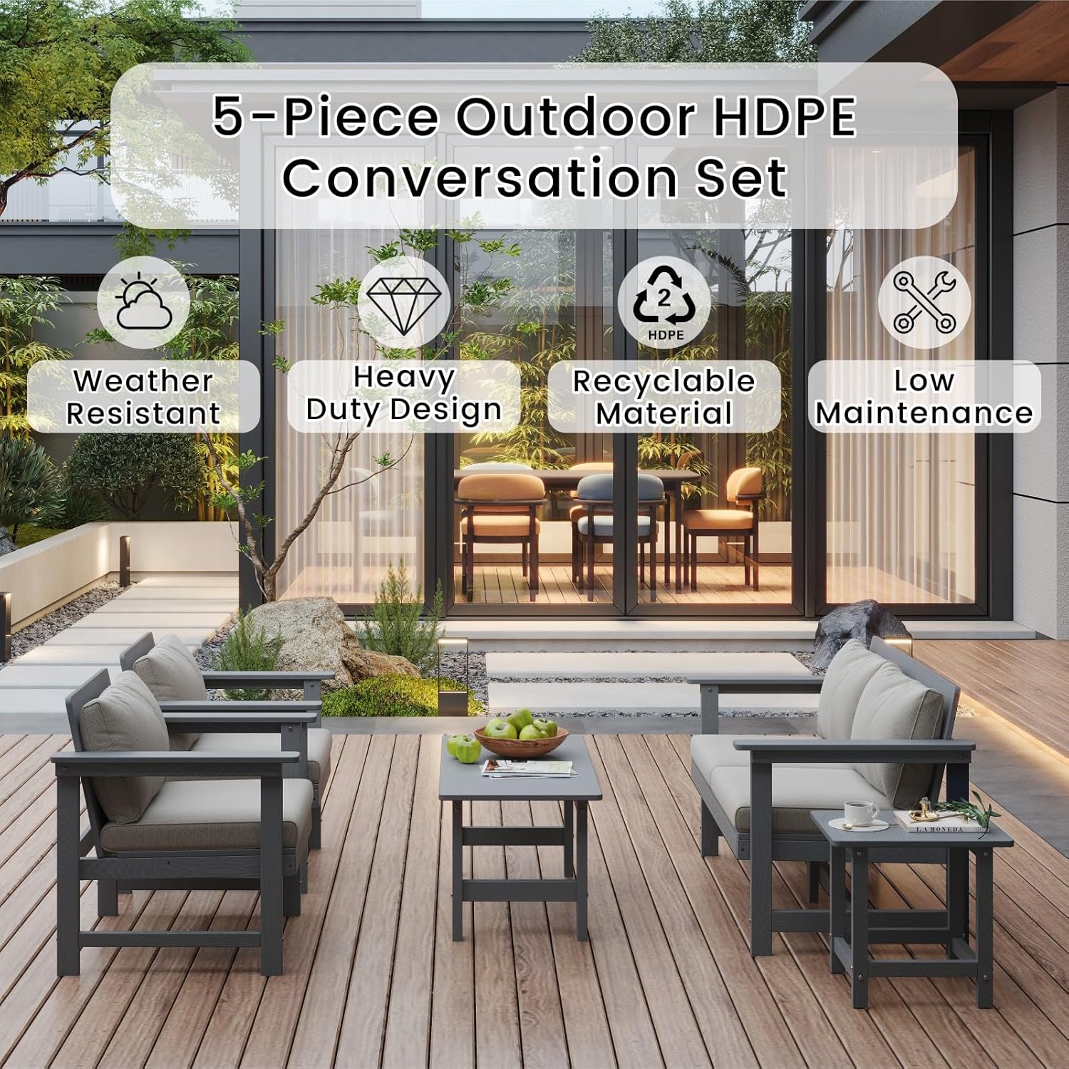 5-Piece Patio Conversation Sets, Weatherproof HDPE Sectional Furniture Set with Cushions, Outdoor Sofa Set for for Porch, Balcony, Deck, Lawn (Grey)