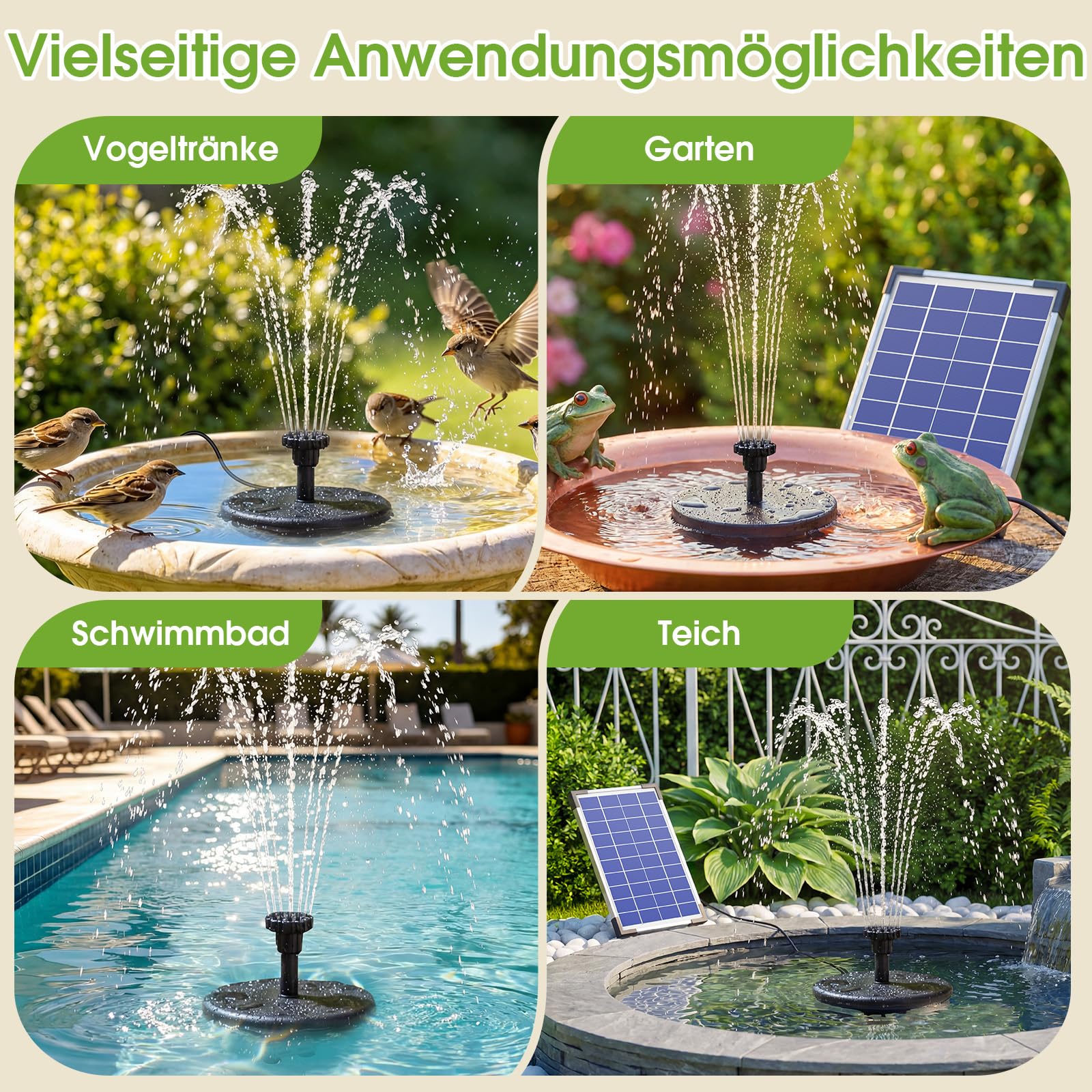 AISITIN Solar Springbrunnen 5.5W Solar Teichpumpe mit Solar Panel Eingebaute 1500mAh Batterie Wasserpumpe Solar Schwimmender Fontäne Pumpe mit 6 Fontänenstile für Garten, Vogel-Bad