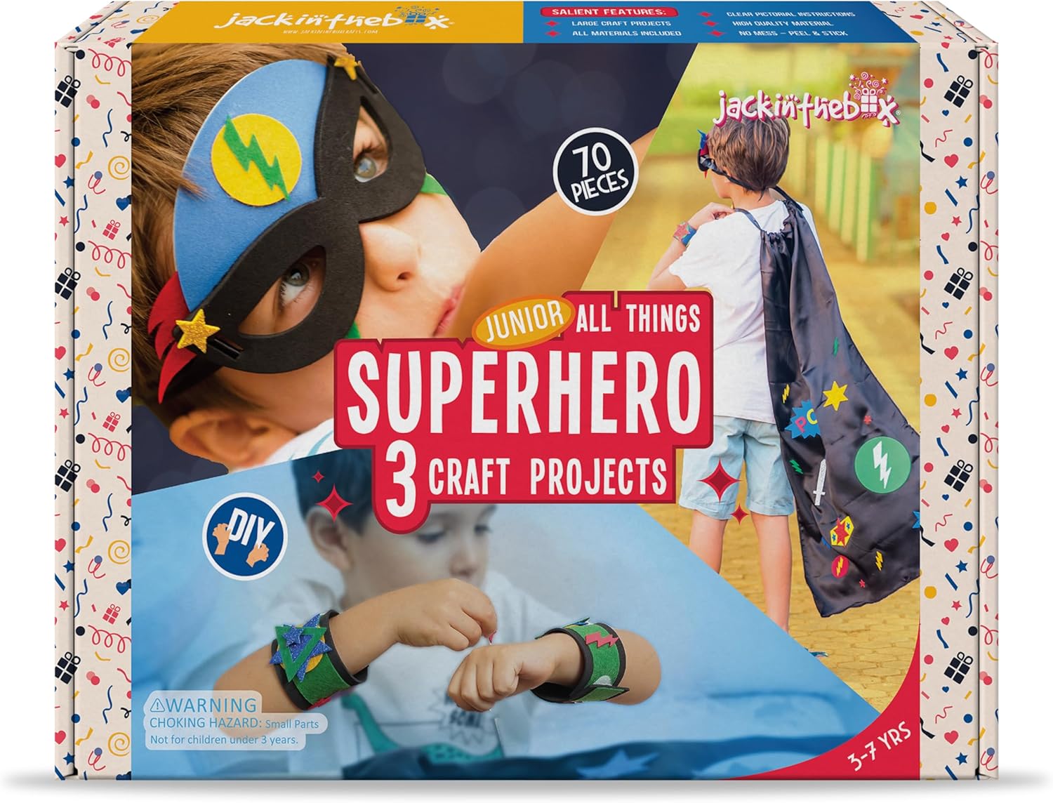 jackinthebox Superhero DIY Dress up Art and Craft Kit | Make a Cape, Mask and Cuffs | Best Gift for Boys Ages 5 6 7 8 Years | 3 Craft Projects in 1 Box