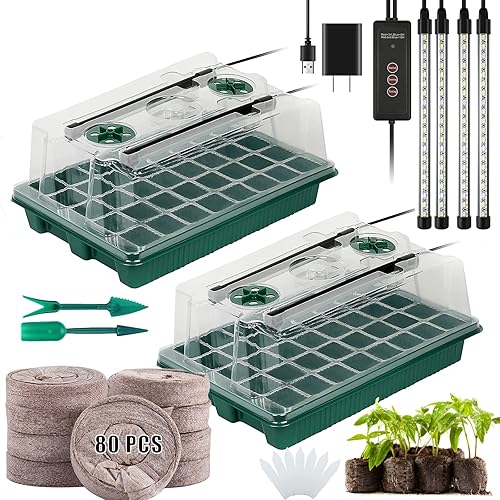 Miniatura 1 de LCYATSI Juego de 2 piezas de 80 celdas con luz de crecimiento y 80 cúpula de humedad de pellets de turba bandeja total de 160 celdas bandejas de
