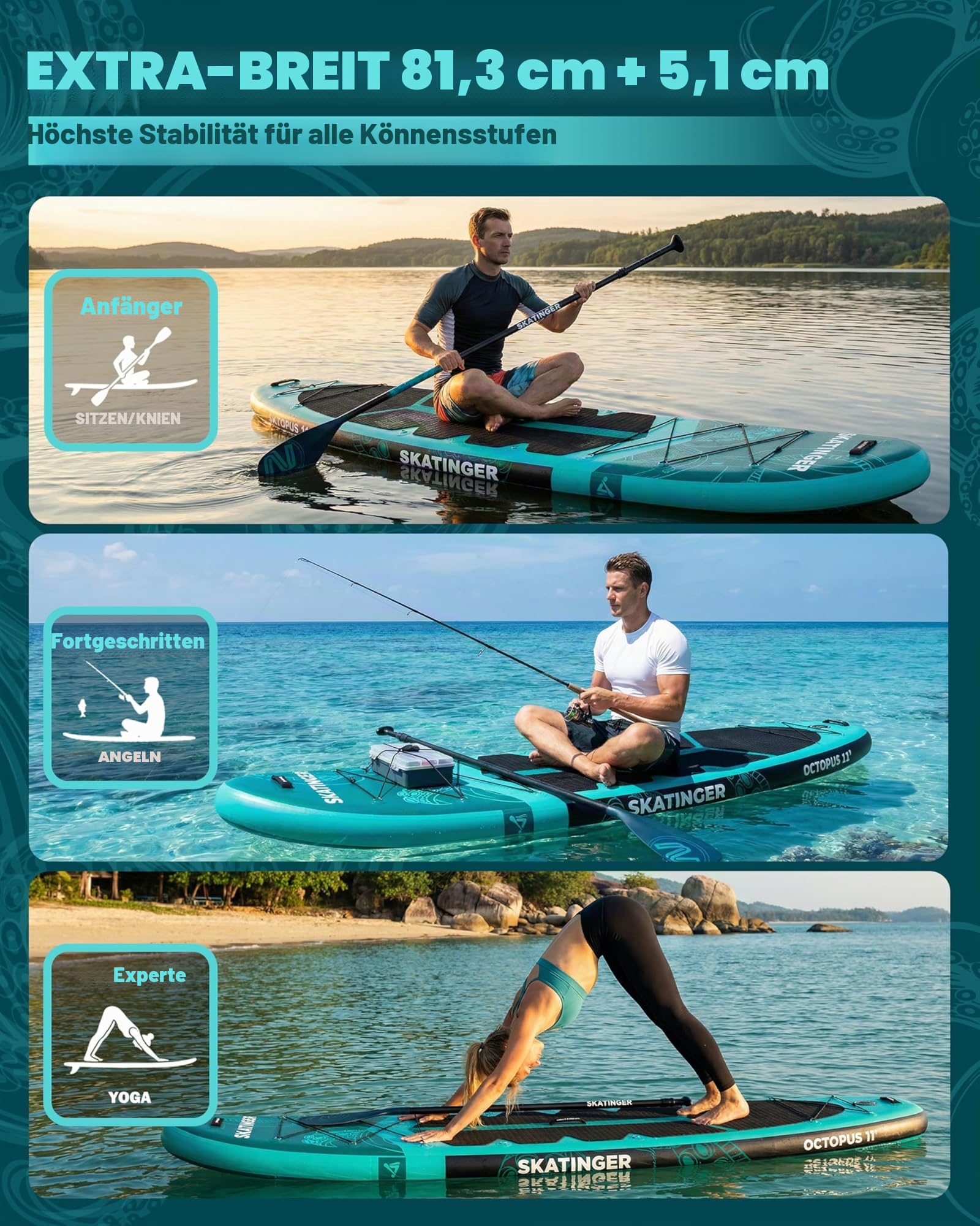 Skatinger 335 x 86,4 cm extra breites aufblasbares Paddelbrett, bis zu 190 kg Stand-Up-Paddle-Boards für Erwachsene, stabiles SUP für 2 Personen/Familie, 3-heiliges Paddel, Schultergurt, US-Finne