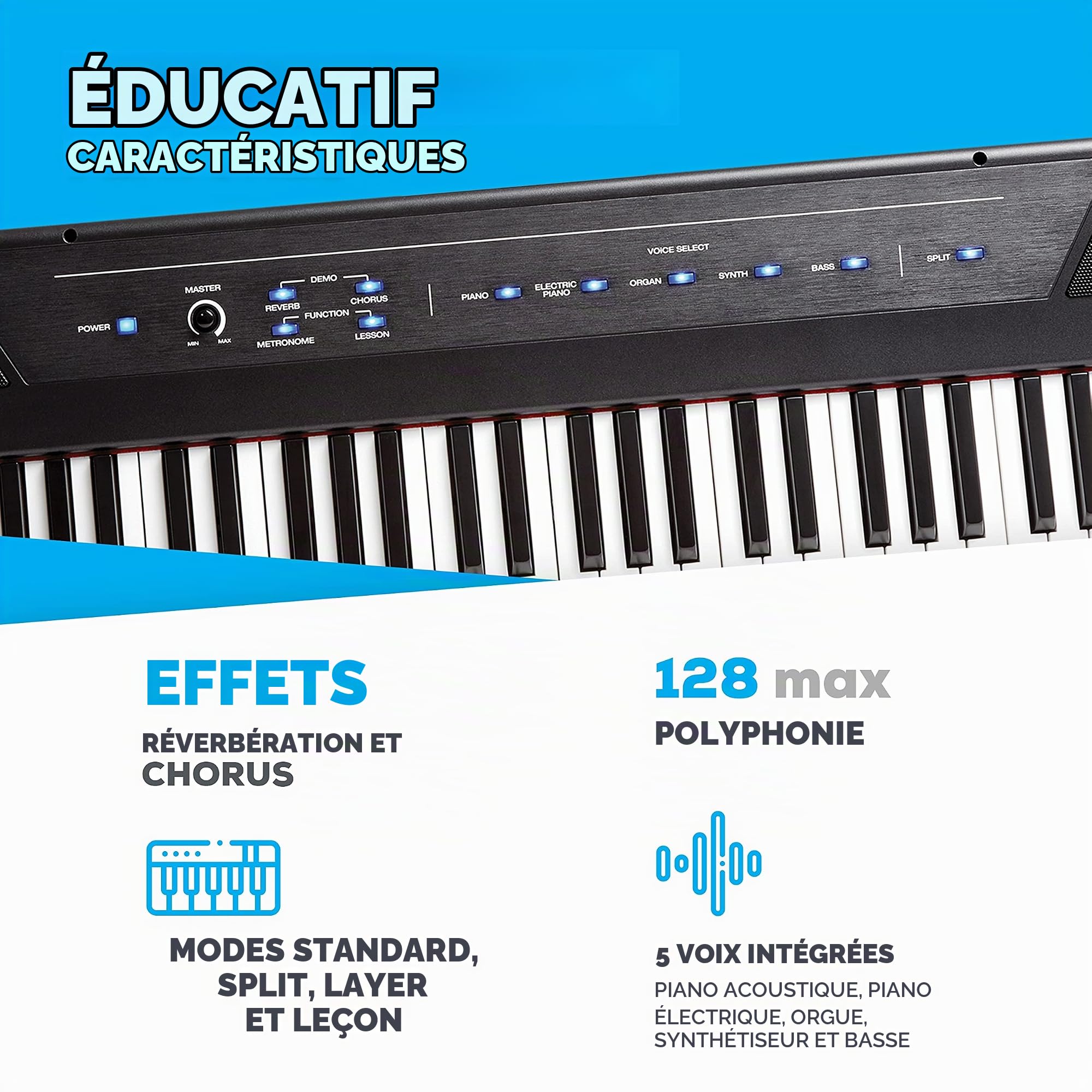 Alesis Recital - Piano Numérique/Clavier de 88 Touches Semi-Lestées, avec Un Adaptateur Secteur, des Enceintes Intégrées et 5 Voix Premium & Support pour clavier réglable double embase RockJam