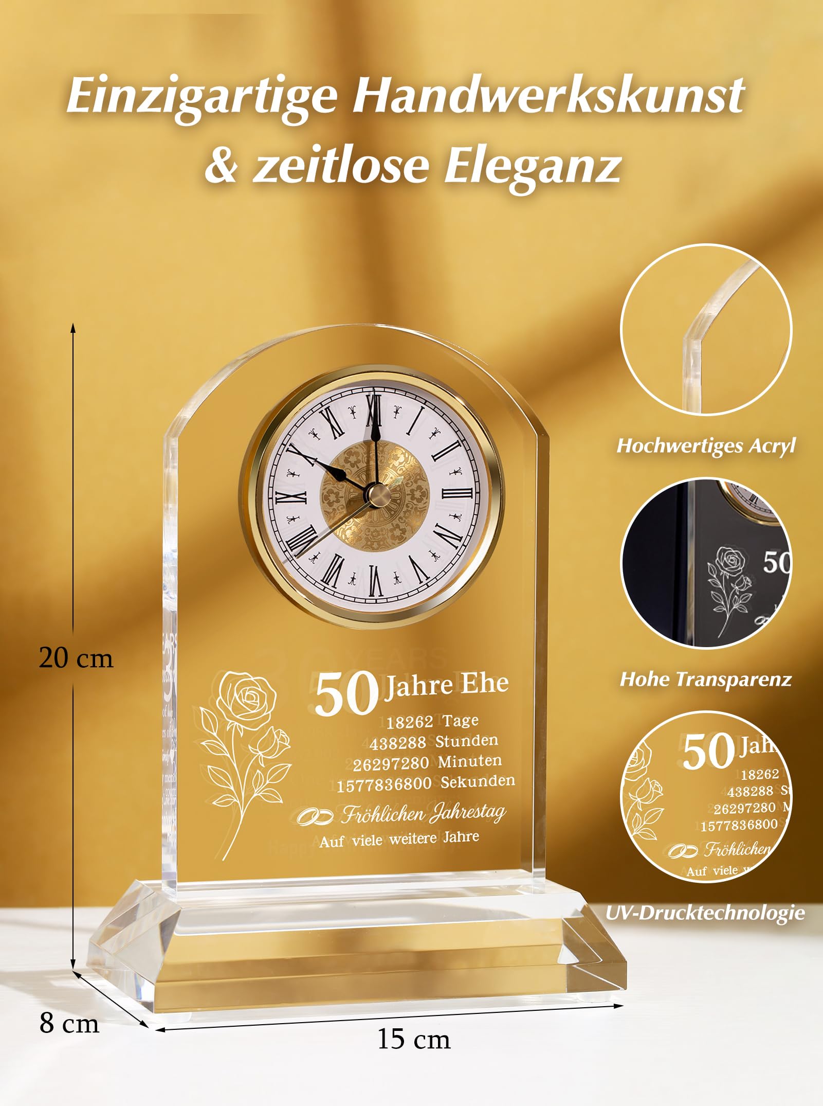 DEEWISH Goldene Hochzeit 50 Jahre Ehe Schreibtischuhr Quarzuhr, edles Geschenkset mit Geschenkbox und Grußkarte, Jubiläum Paar Eltern Großeltern, Deko Büro Wohnzimmer