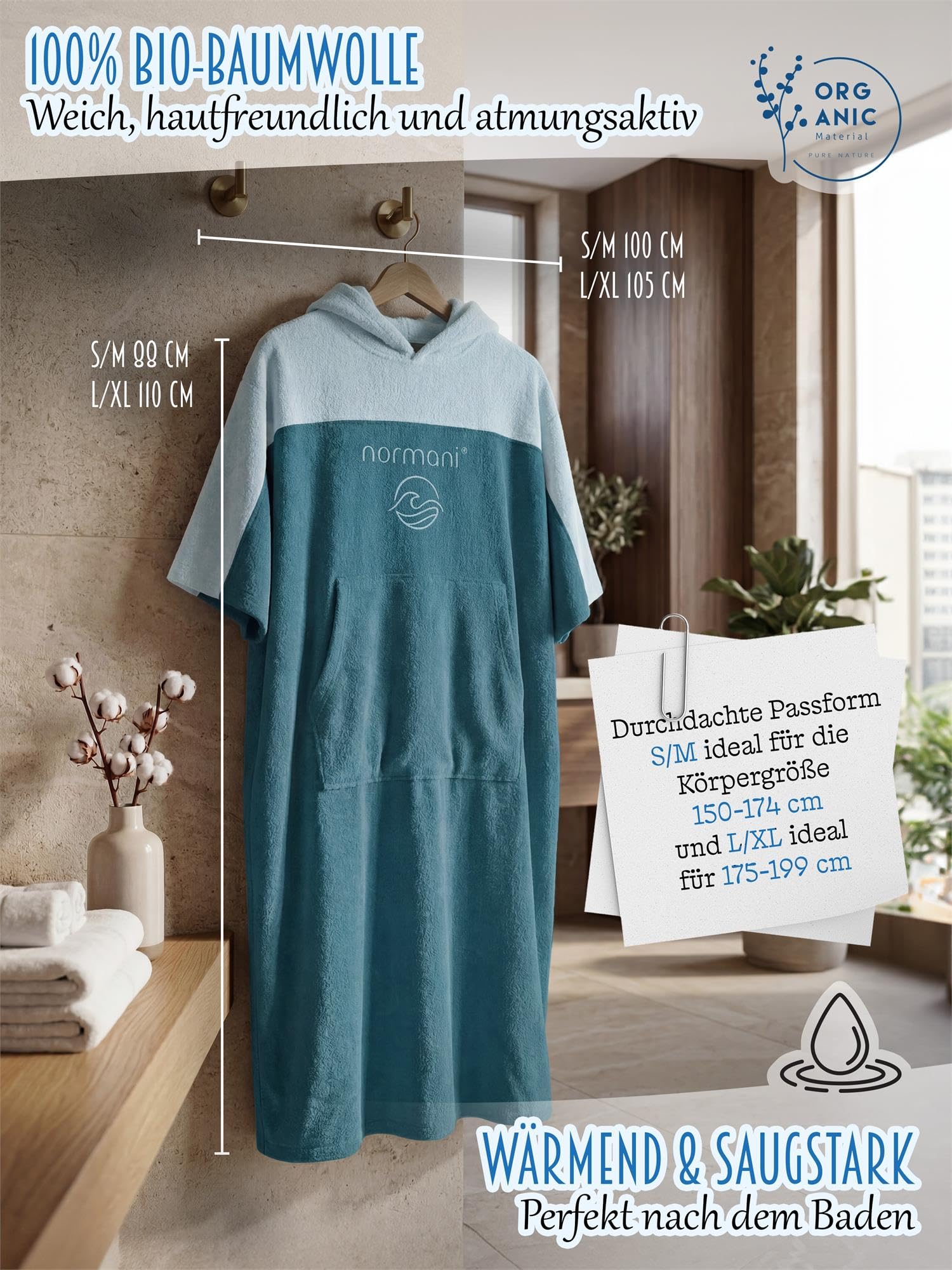 normani Erwachsenen Frottee Badeponcho aus Bio-Baumwolle für Herren und Damen - Strand Umziehhilfe Baumwoll Badehandtuch Surfer Poncho Farbe Dunkelblau Größe 174-199 cm