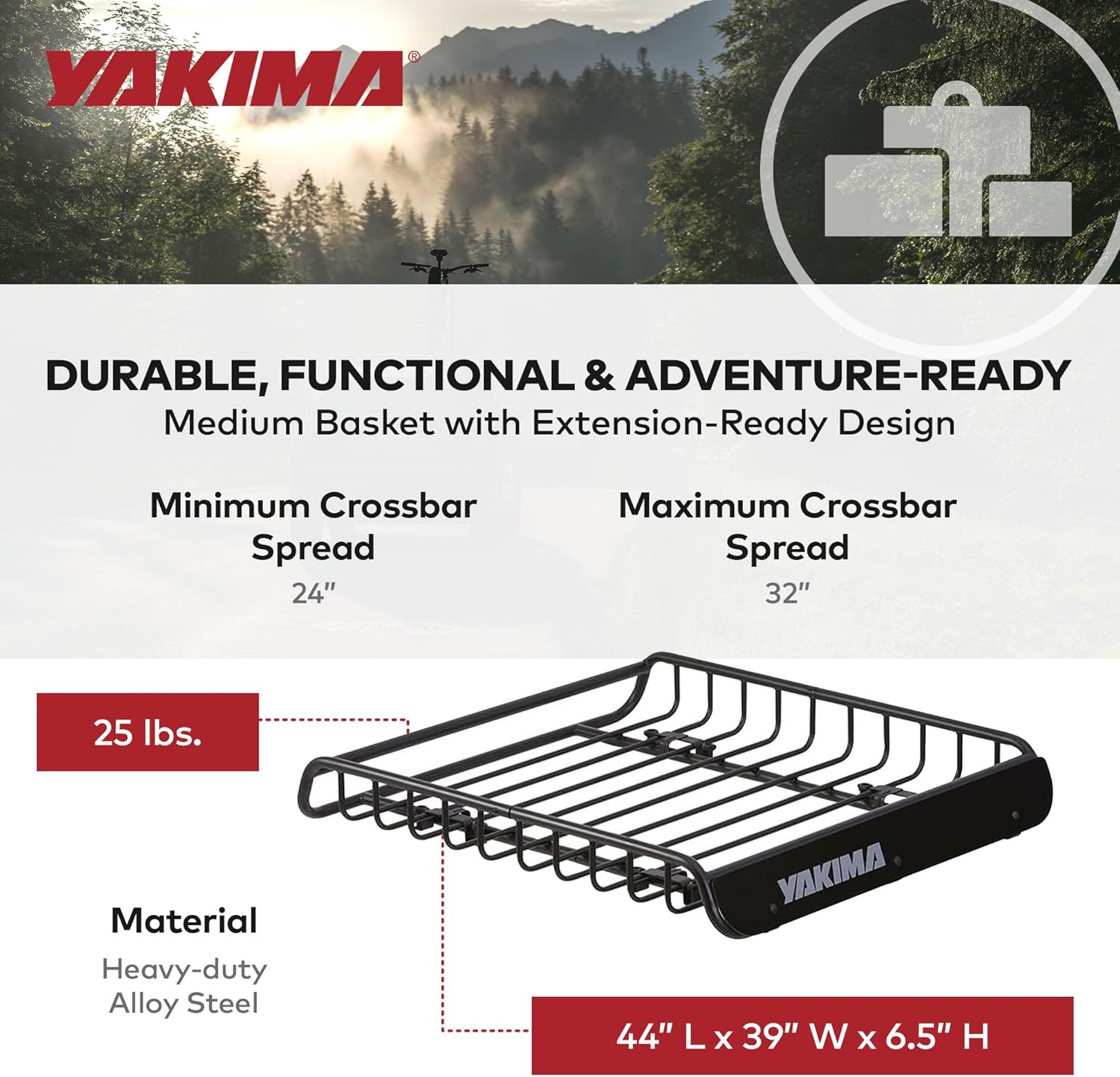 Yakima LoadWarrior dimensions and material: 25 lbs, Heavy-duty Alloy Steel, 44 inches L x 39 inches W x 6.5 inches H, Minimum Crossbar Spread 24 inches, Maximum Crossbar Spread 32 inches.