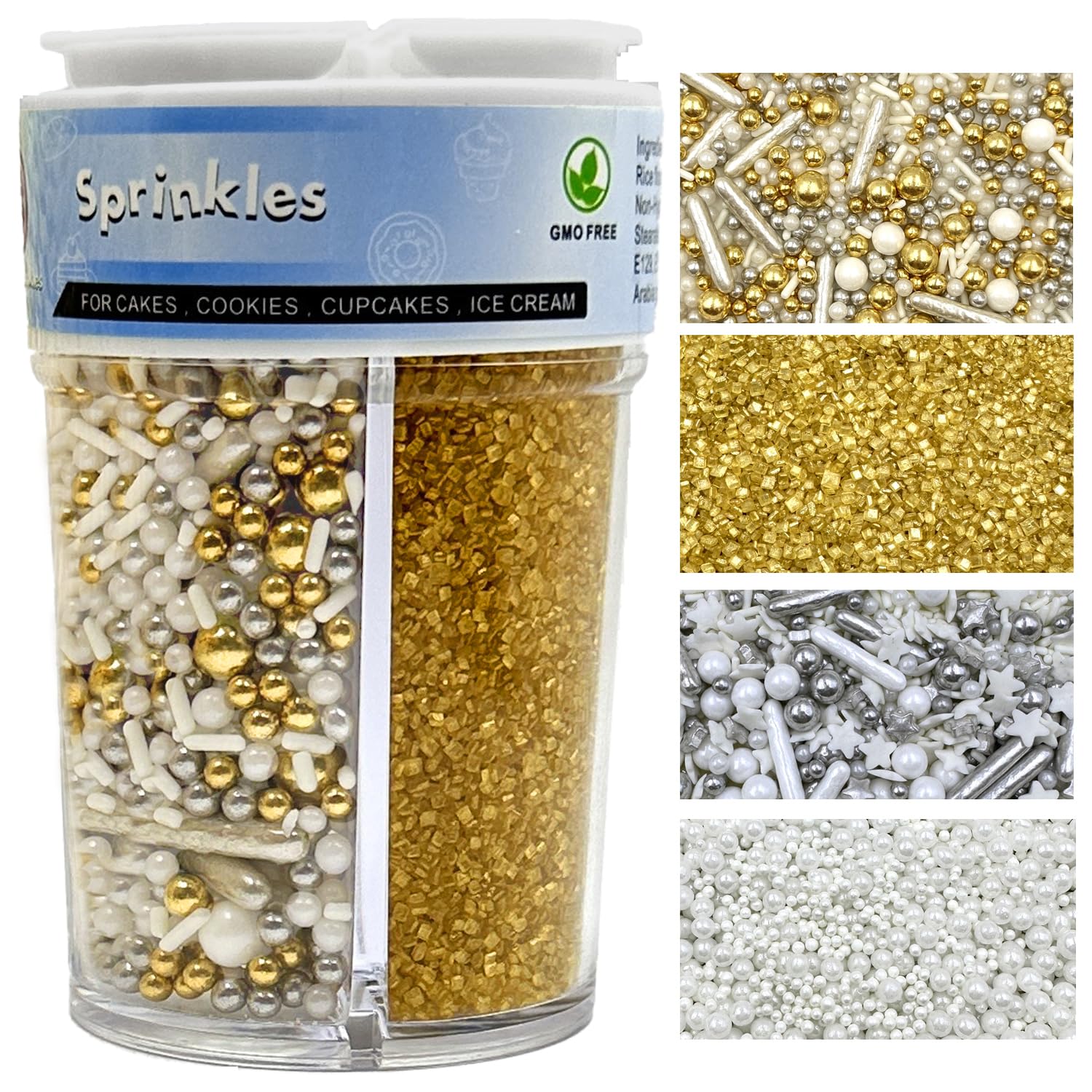 Sprinkles for Cake Decorating, Gold Sanding White Pearl Silver Jimmies Sprinkles Mix for Ice Cream Brownie Cookie Cupcake Baking Decorations