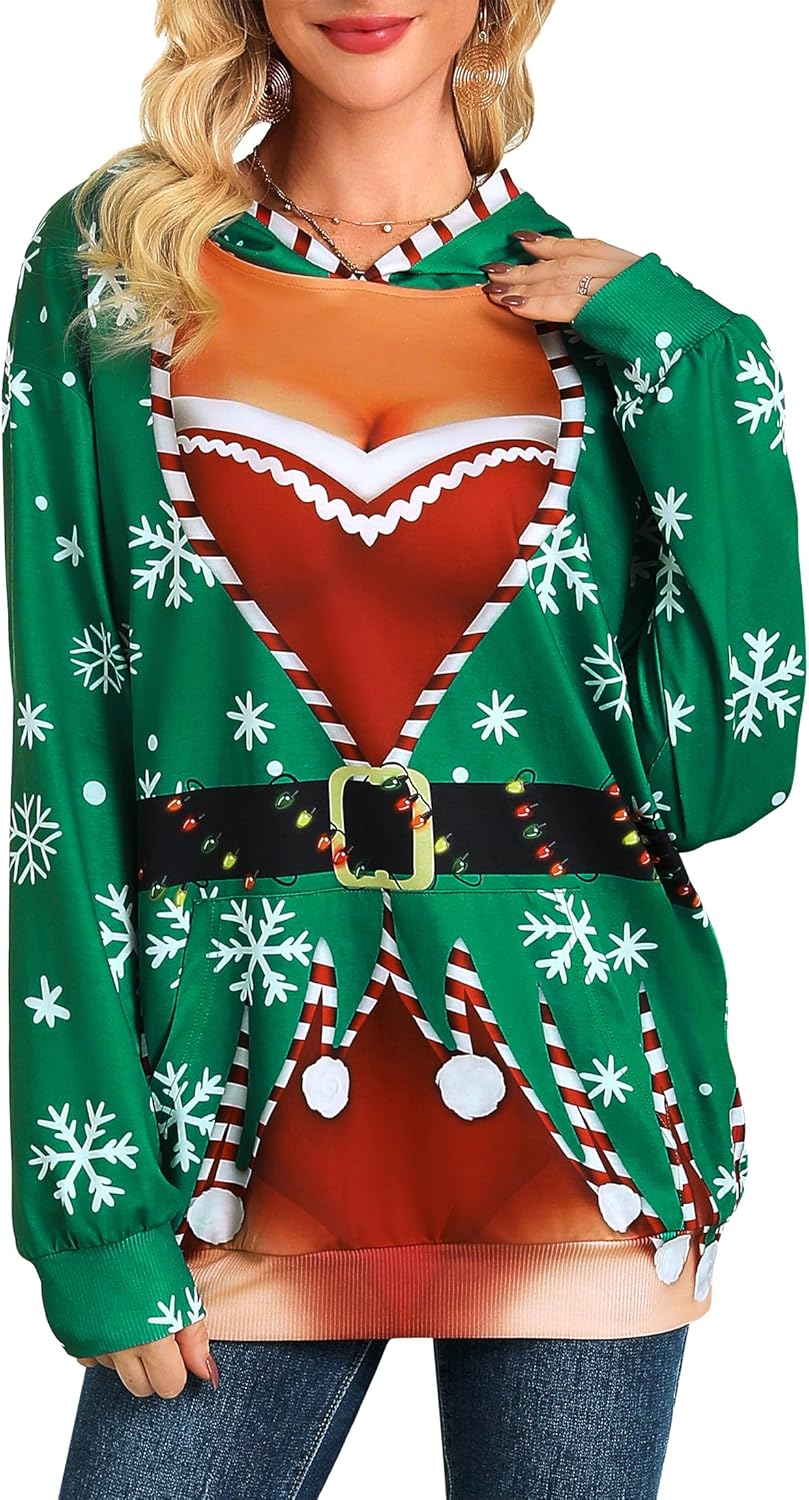 Womens Ugly Christmas Hoodies Long Sleeve Funny Graphic Xmas Sweatshirts Cute Loose Comfy Casual Sweater Shirts - Image 2