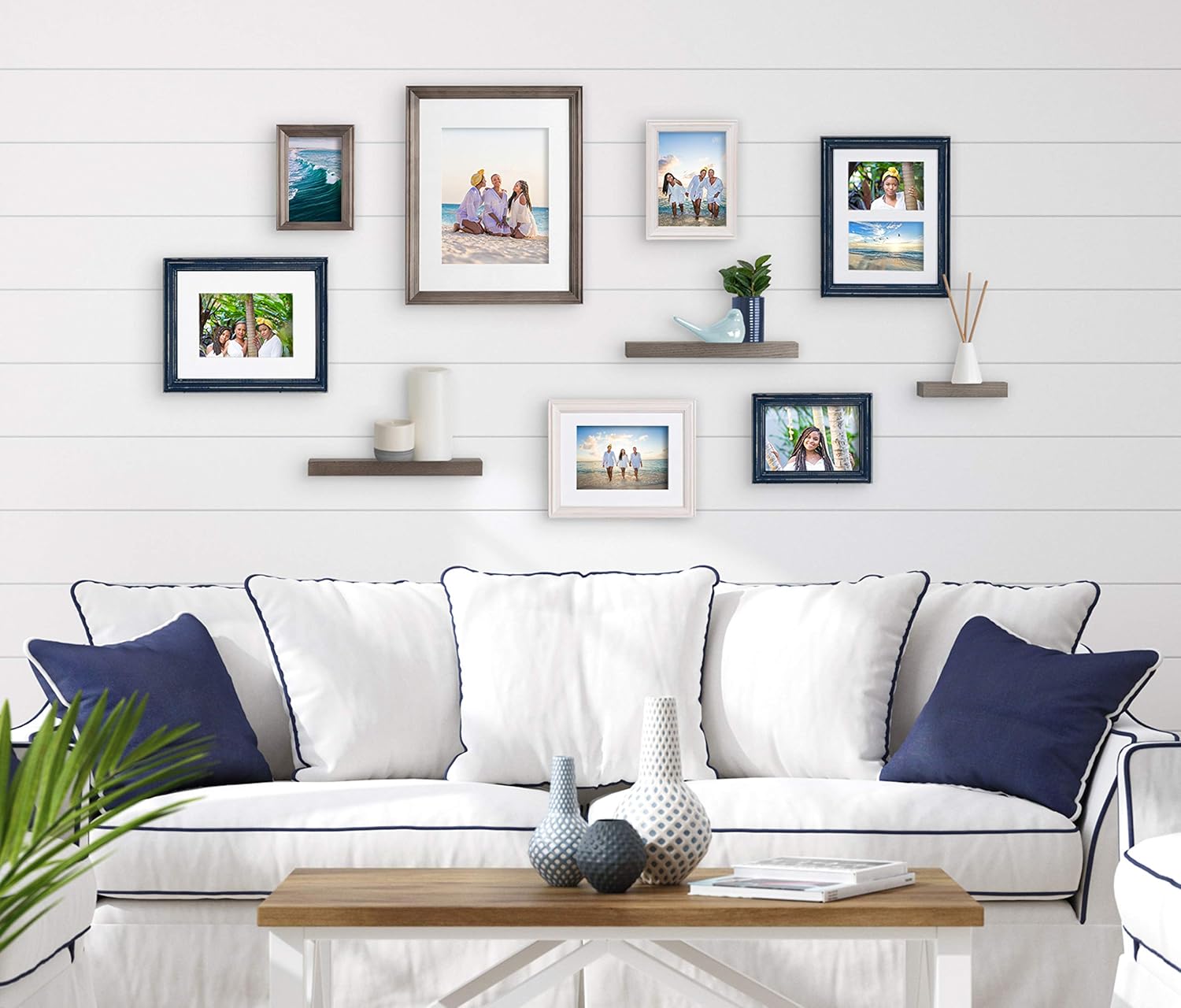 Kate and Laurel Bordeaux Gallery Wall Frame and Shelf Kit, Set of 10, Multiple Coastal Finishes, Assorted Size Frames and Three Display Shelves