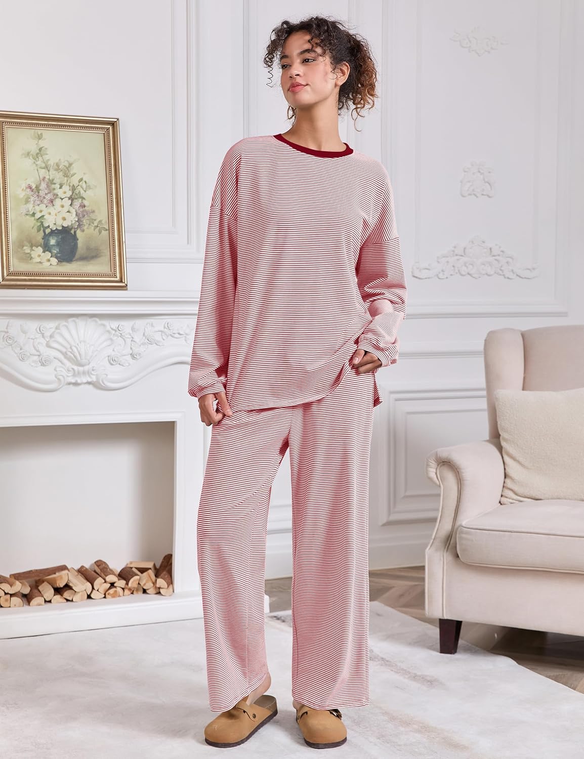 Women Striped 2 Piece Lounge Set Long Sleeve Oversized T Shirts Wide Leg Pants Matching Sets Casual Comfy Pajama Sets - Image 2