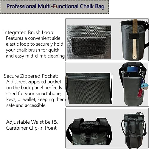 Miniatura 2 de Bolsa de tiza de escalada en roca y cubo de bouldering, Oxford de 7.5 pulgadas con bolsillo con cremallera, accesorios ligeros de gimnasio para