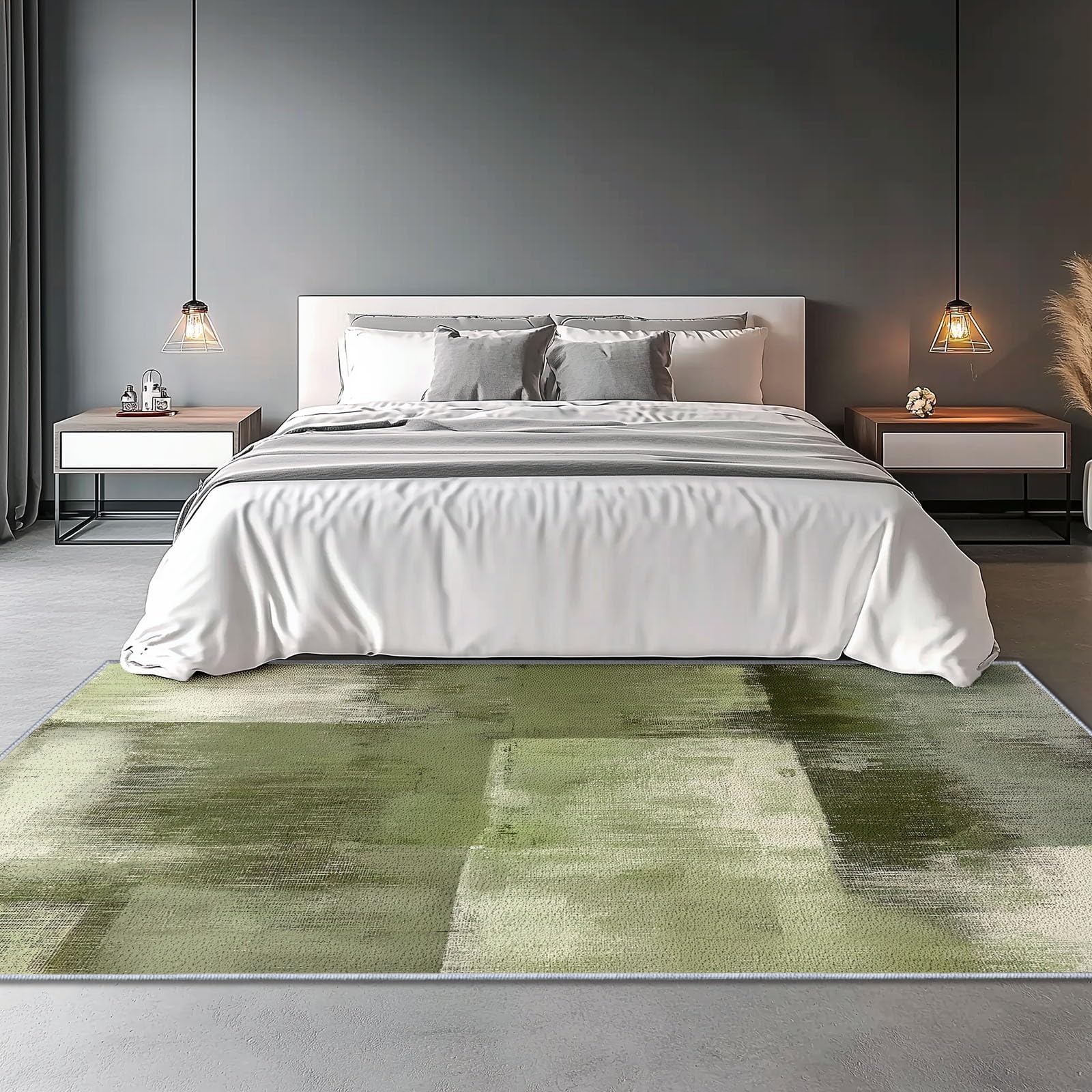 Lavabile in Lavatrice Tappeto per Soggiorno Camera da Letto Ufficio Decorazione 120 x 180 cm, Astratto Quadrati Pittura Digitale Tema Flanella Tappeti con Supporto Antiscivolo, Verde