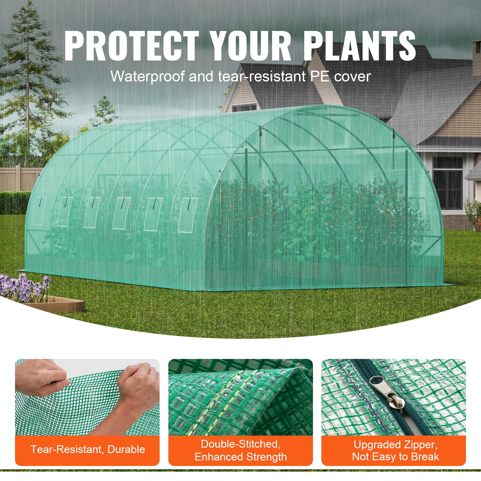 VEVOR Invernadero Túnel 590x295x198 cm Carpa Refugio para Plantas con Estructura de Acero Galvanizado Cubierta de PE Puerta Enrollable con Cremallera 12 Ventanas para Cultivo de Verduras Flores, Verde