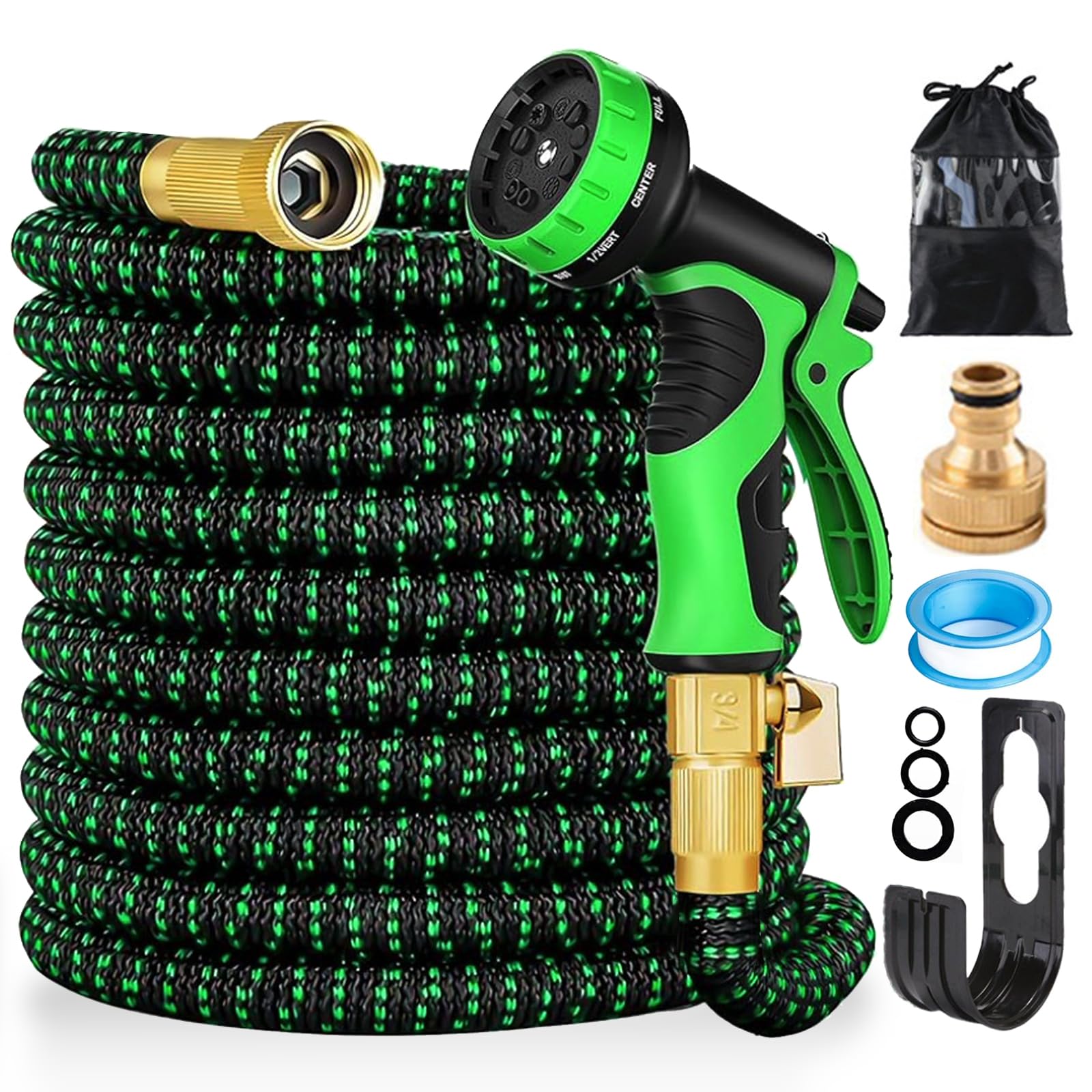 Lingky Green 75Ft Expandable Garden Hose Pipe With 1/2" & 3/4" Solid Brass Fittings, Expanding Magic Hose, Garden Hose With 10 Function Spray Nozzle, Durable 3 Layer Latex Core Hosepipe Anti-Leakage