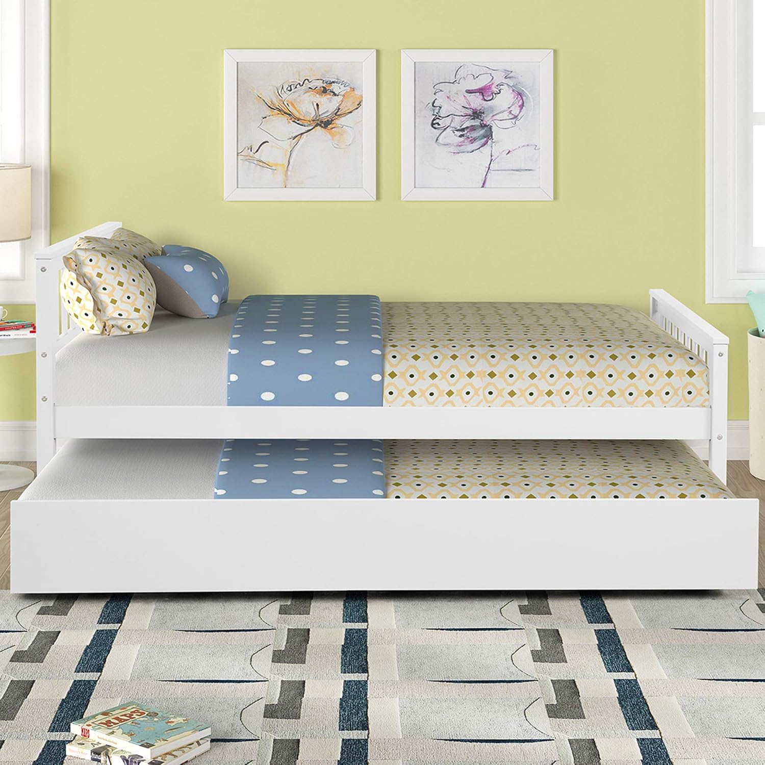 Twin Bed Frame with Trundle, Platform Bed Frame with Headboard and Footboard, Solid Wood Bed Twin for Bedroom Small Living Space, Wood Slat Support No Box Spring Needed