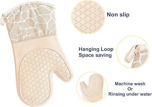 Miniatura 5 de HarvestLand Juego de 4 guantes suaves para horno y agarradera, guantes de silicona antideslizantes y duraderos (beige)