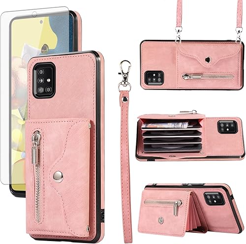 Miniatura 8 de Funda para teléfono Samsung Galaxy A71 5G con protector de pantalla de vidrio templado y correa cruzada para la muñeca, cordón para tarjetas de