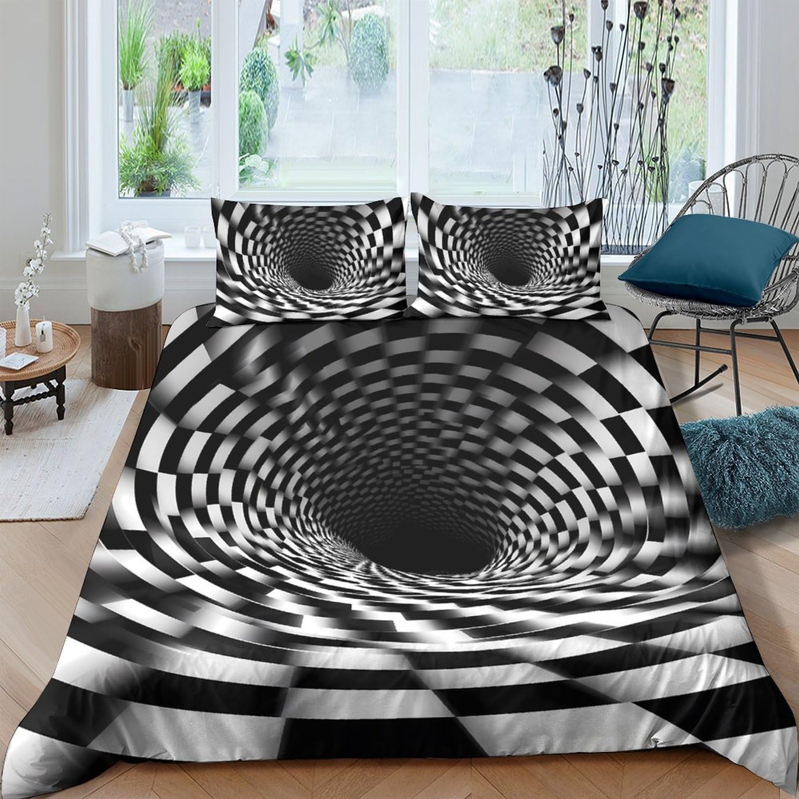 Ctjqhvkz Style-7 3D Printed Optical Illusion Fitted Sheet Microfiber Soft Monochrome Tunnel Bed Cover Non-Slip Bedroom Decor Single（135X200cm）