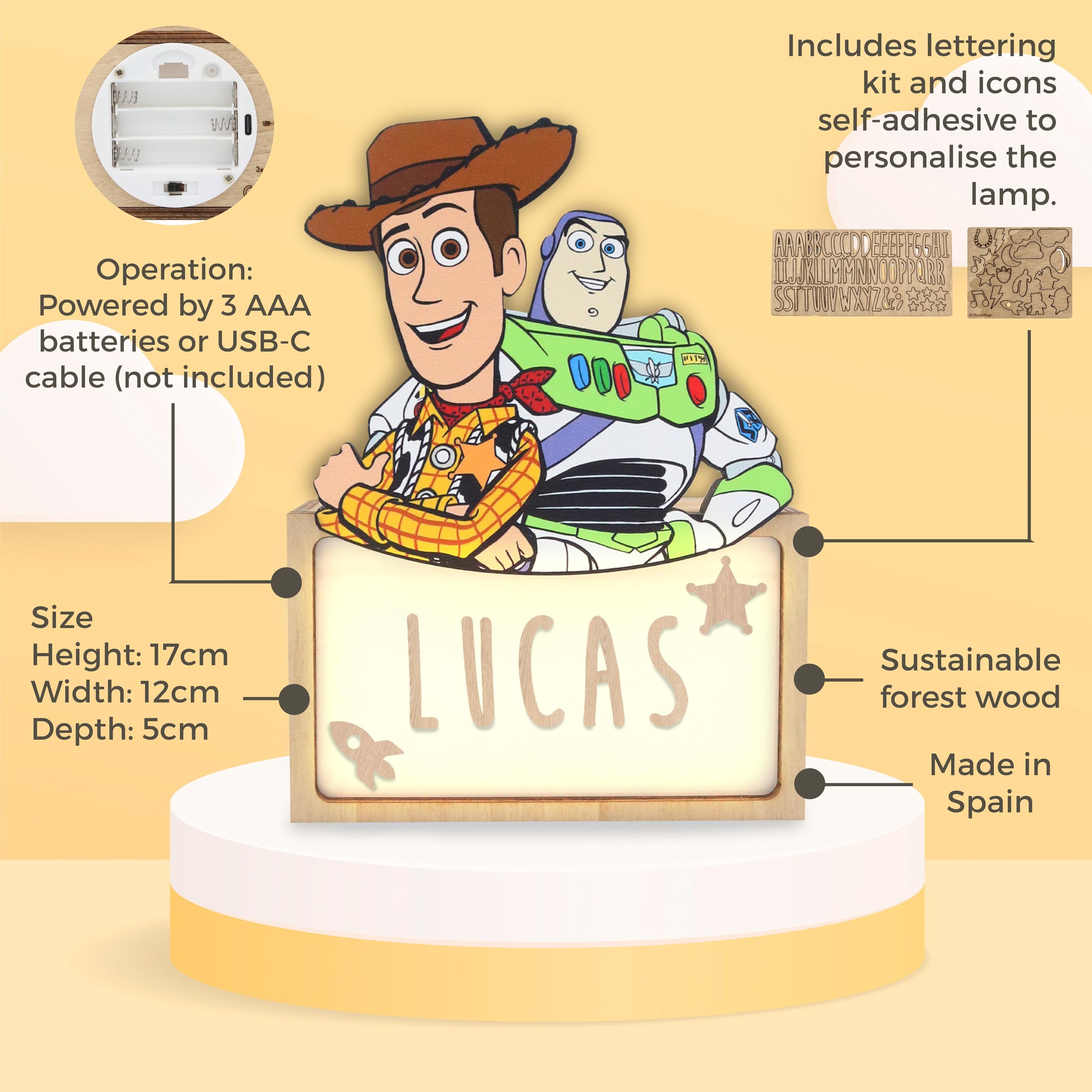 WONDEE Disney Spersonalizowana lampka nocna dla dzieci i niemowląt Buzz Lightyear i Woody, dekoracja pokoju dziecięcego, prezent Disneya, dla chłopca i dziewczynki
