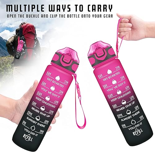 Miniatura 6 de Enerbone Botella de agua de 32 onzas con tiempos para beber y pajita, botellas de agua motivacionales con correa de transporte, a prueba de fugas