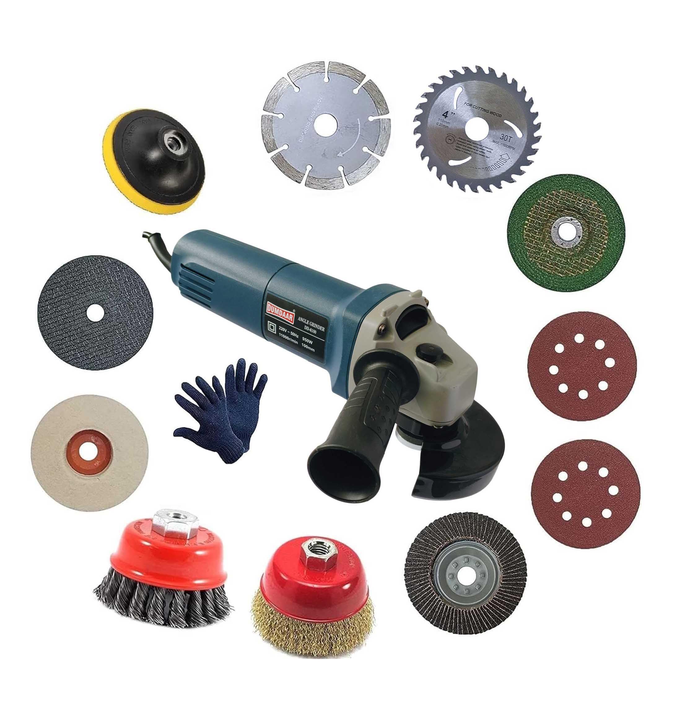 Sponsored Ad - Inditrust Dumdaar 850W Sliding Angle grinder machine BLUE with GLOVES & Multi Type 11pc Wheel set