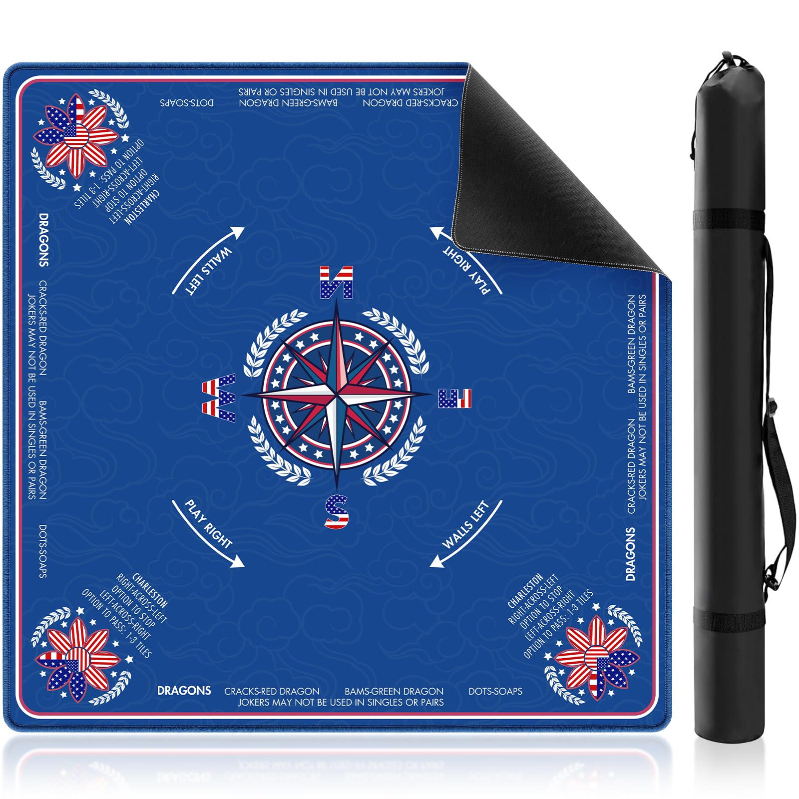 Tapis Mahjong avec règles et thème américain, 83,8 x 83,8 cm, nappe | Tapis de mahjong américain avec sac de transport pour dominos poker et jeux de cartes, tapis de jeu en caoutchouc pour table