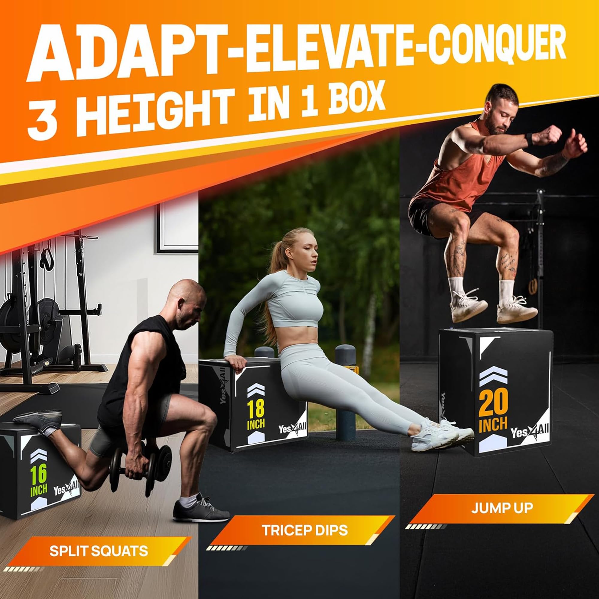 Yes4All UYSN Caja plyo con núcleo de Madera Suave, Unisex Adulto, A. Versión Deportiva Negra, b. 20/18/16