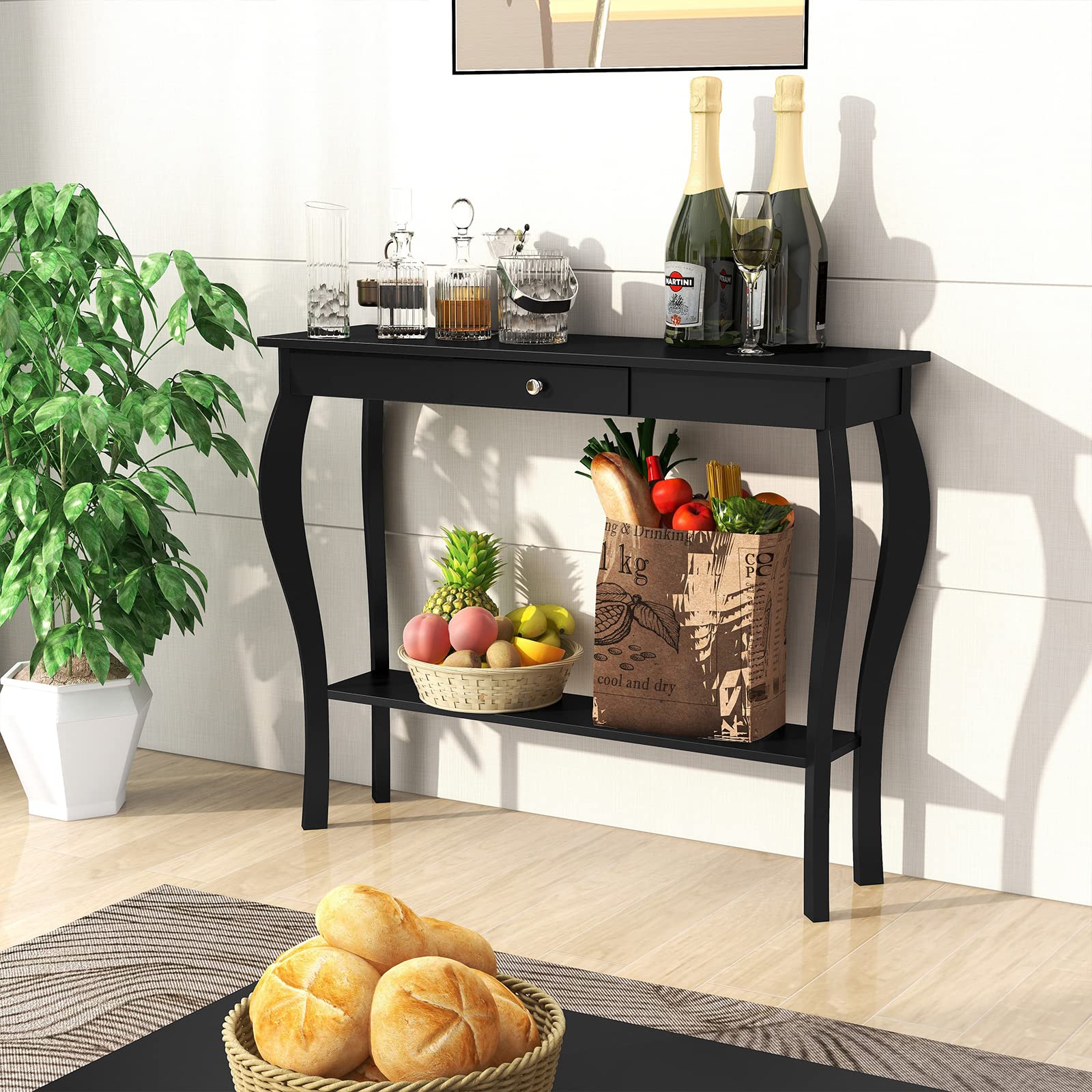 ChooChoo Narrow Console Table with Drawer, Chic Accent Sofa Table, Entryway Table, Black