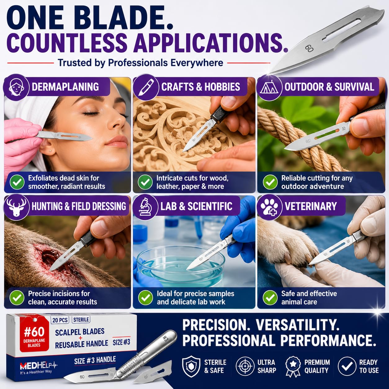 #60 Blades with Handle 4, Compatible Havalon Piranta, Pack of 21