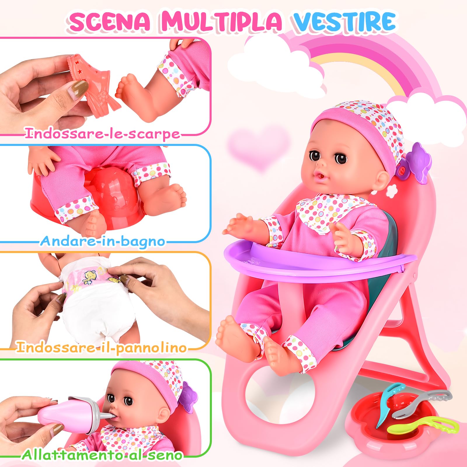 Aragallant Conjunto de Muñecas Bebé, 25Pcs Accesorios, Trona Juguete, Ropa, Chupete, Biberón, Bañera y Accesorios de Baño