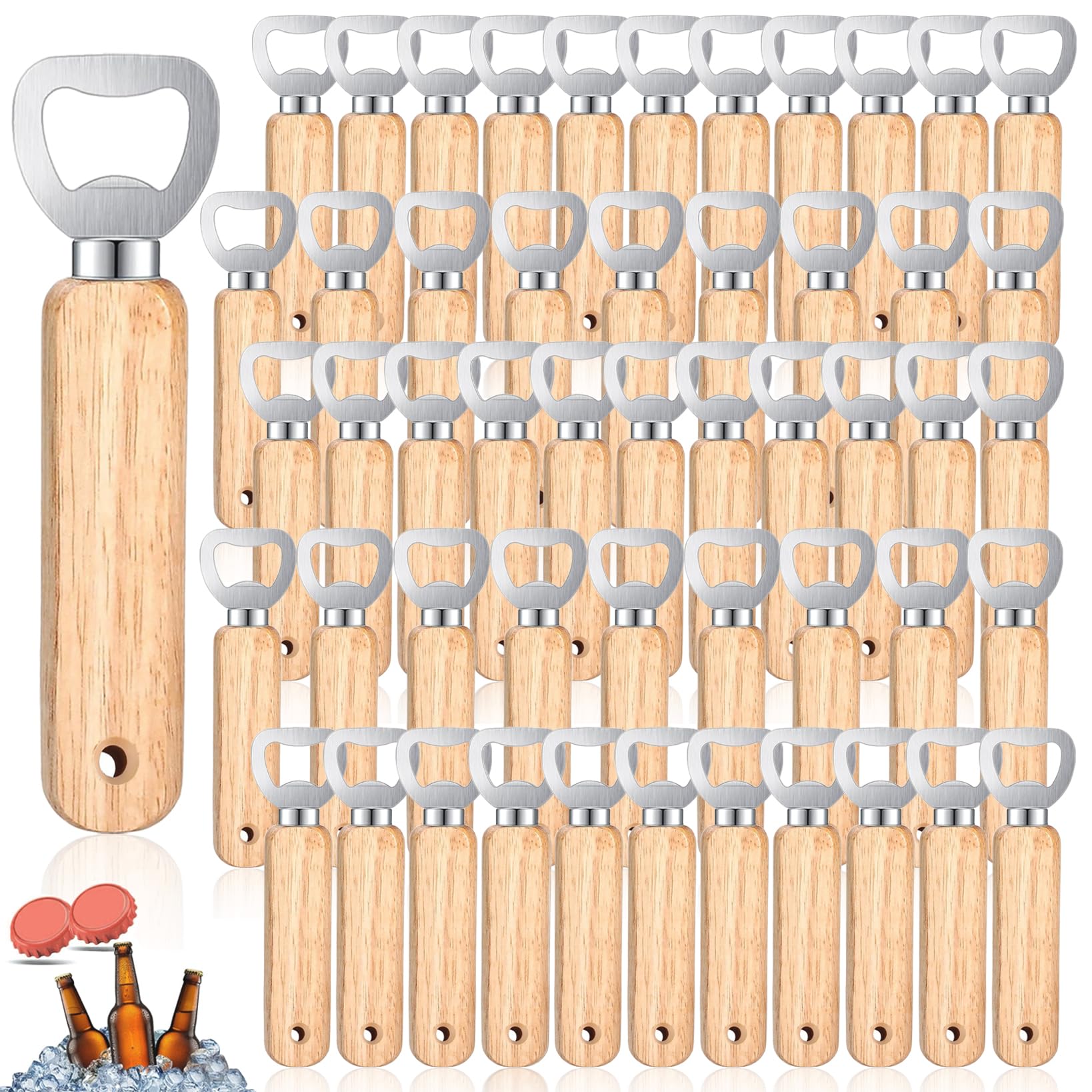 60 Pieces Wooden Bottle Opener, Wooden Handle Bottle Opener, Portable Beer Bottle Opener with Hole for Bar, Home, Kitchen, Men Father's Day Gift