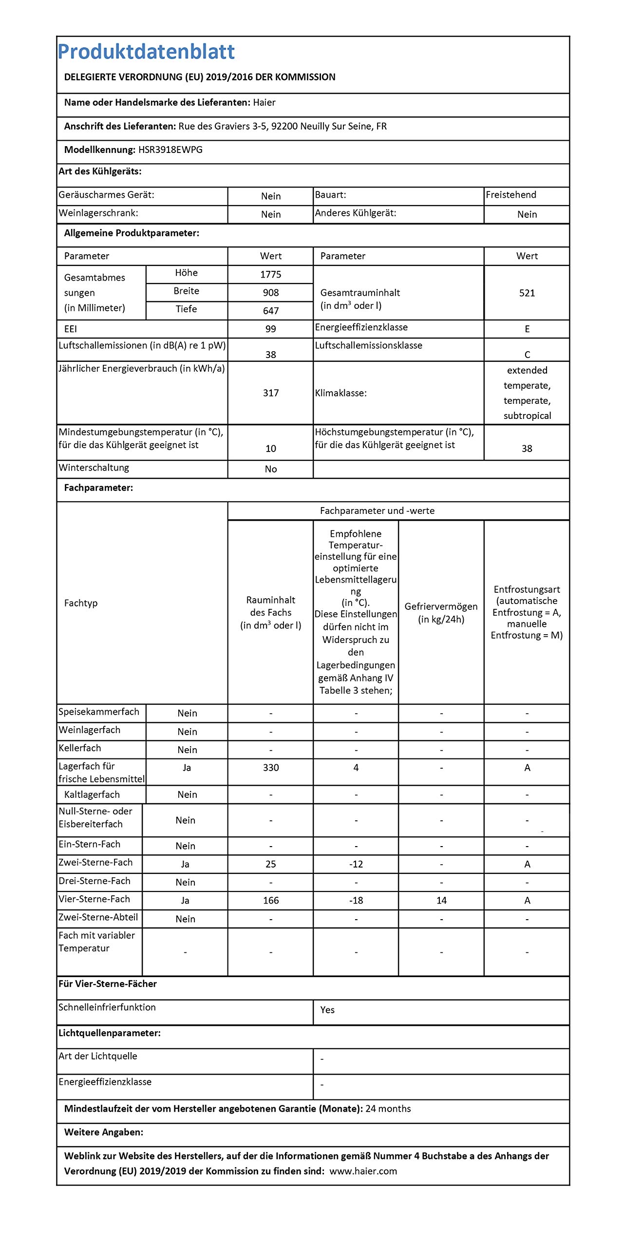 Haier HSR3918EWPG SidebySide / 177,5 cm / 338 kWh/Jahr / 328 L