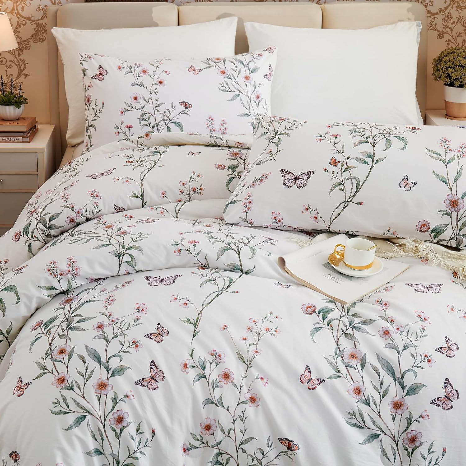 Bedorm Vintage Floral Comforter Set 100% Cotton King Bedding Set Green Leaf Flower Butterfly French Country Bedding 3 Pcs Extra Soft & Breathable Bed Comforter - Image 4